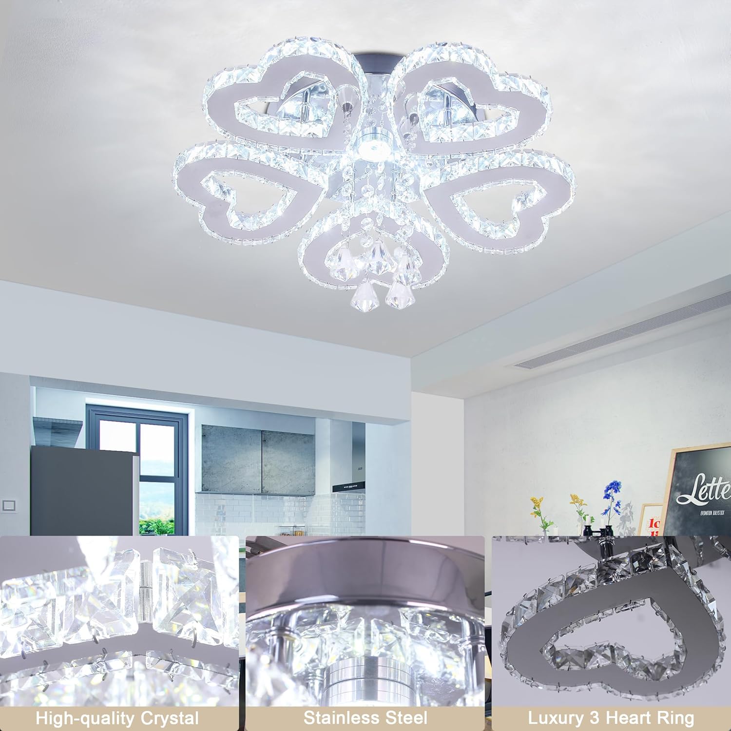 5 Heart Ring Crystal Ceiling Light, Modern LED Flush Mount Chandelier with K9 Crystals Cool White Stainless Steel Light Fixture for Living Room, Bedroom, Dining Room