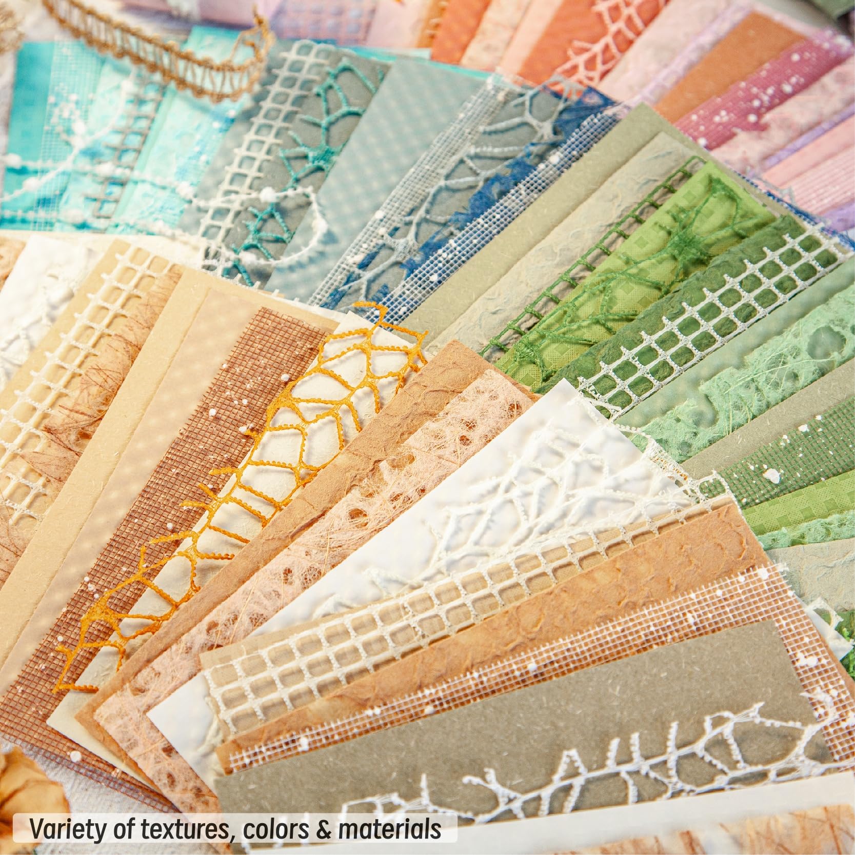 96 szt. teksturowanego papieru do scrapbookingu i tkaniny siatkowej, 6 opakowań mieszanych dekoracyjnych papieru rzemieślniczego do scrapbookingu, kul, śmieci, dziennika, decoupage, kolażu