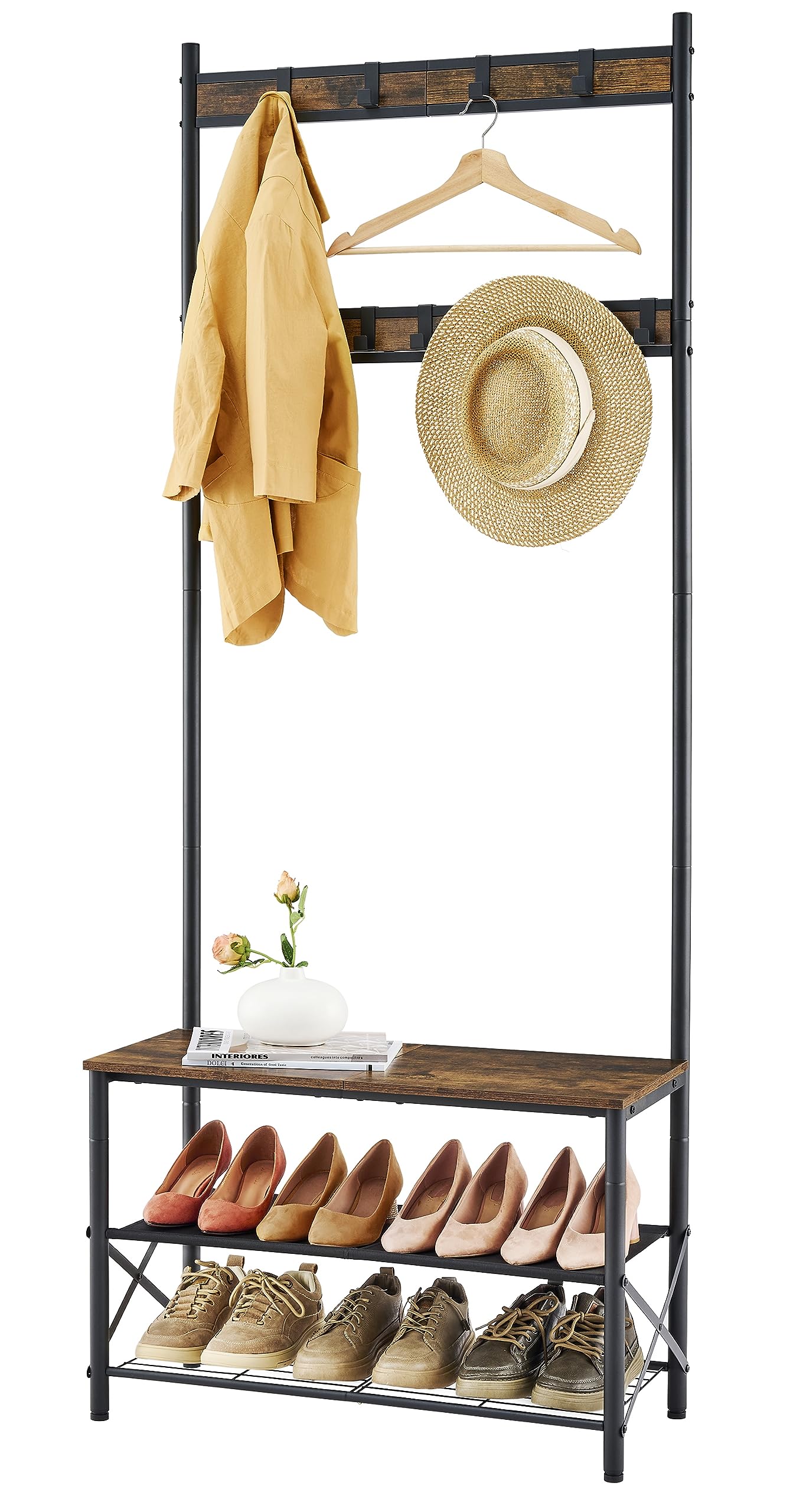 Hoctieon 3 in 1 Design Coat Rack Shoe Bench, Hall Tree for Entryway Storage Bench, Shelf Organizer, Shoe Storage, Hall Tree with Bench Freestanding, Easy Assembly, Rustic Brown