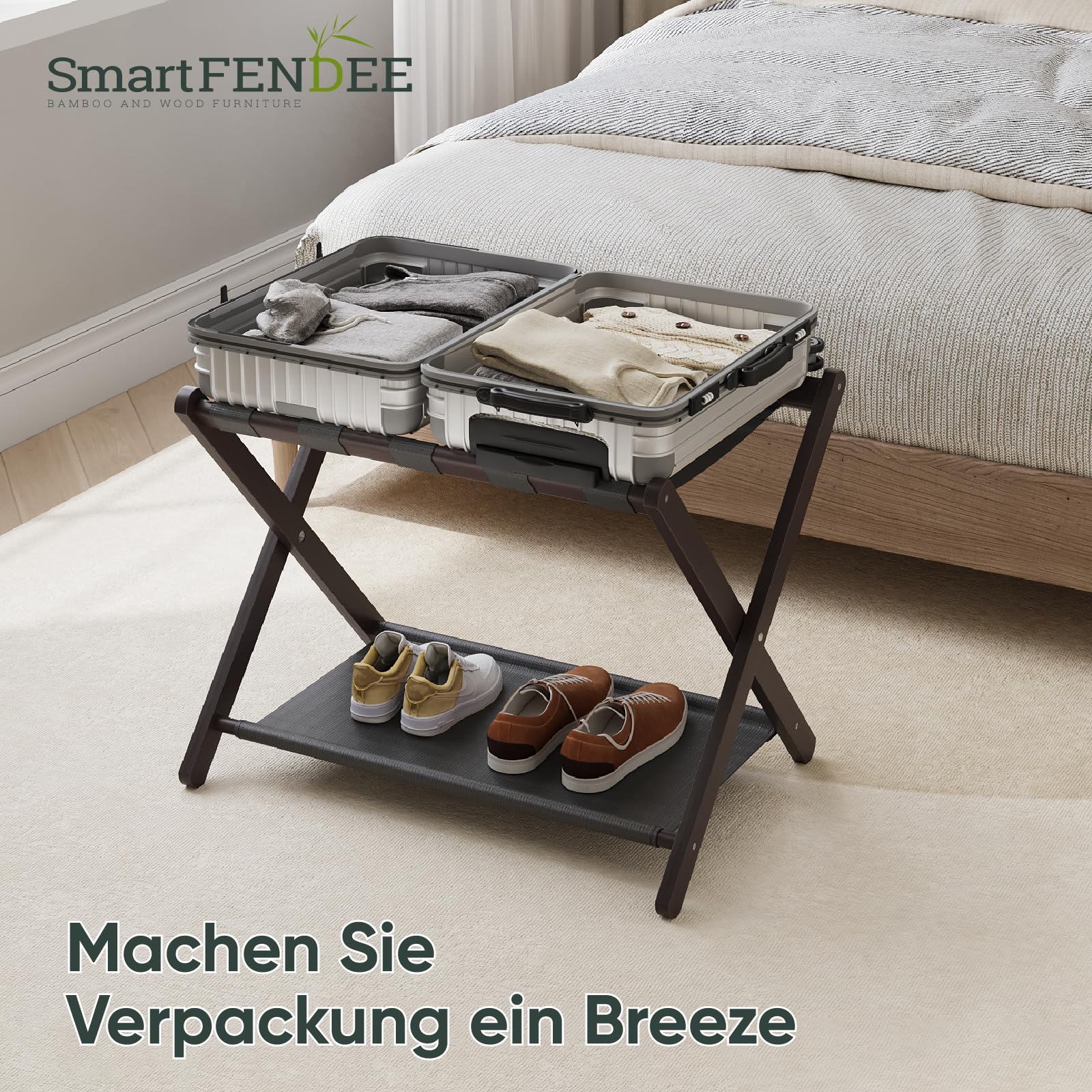 Smart FENDEE 2er-Set Bambus Gepäckträger, Faltbarer Gepäckträger mit Stoffablage, Geeignet für die Meisten Gepäckgrößen, Hält bis zu 59 kg, Ideal für Gästezimmer, Hotel (Braun)