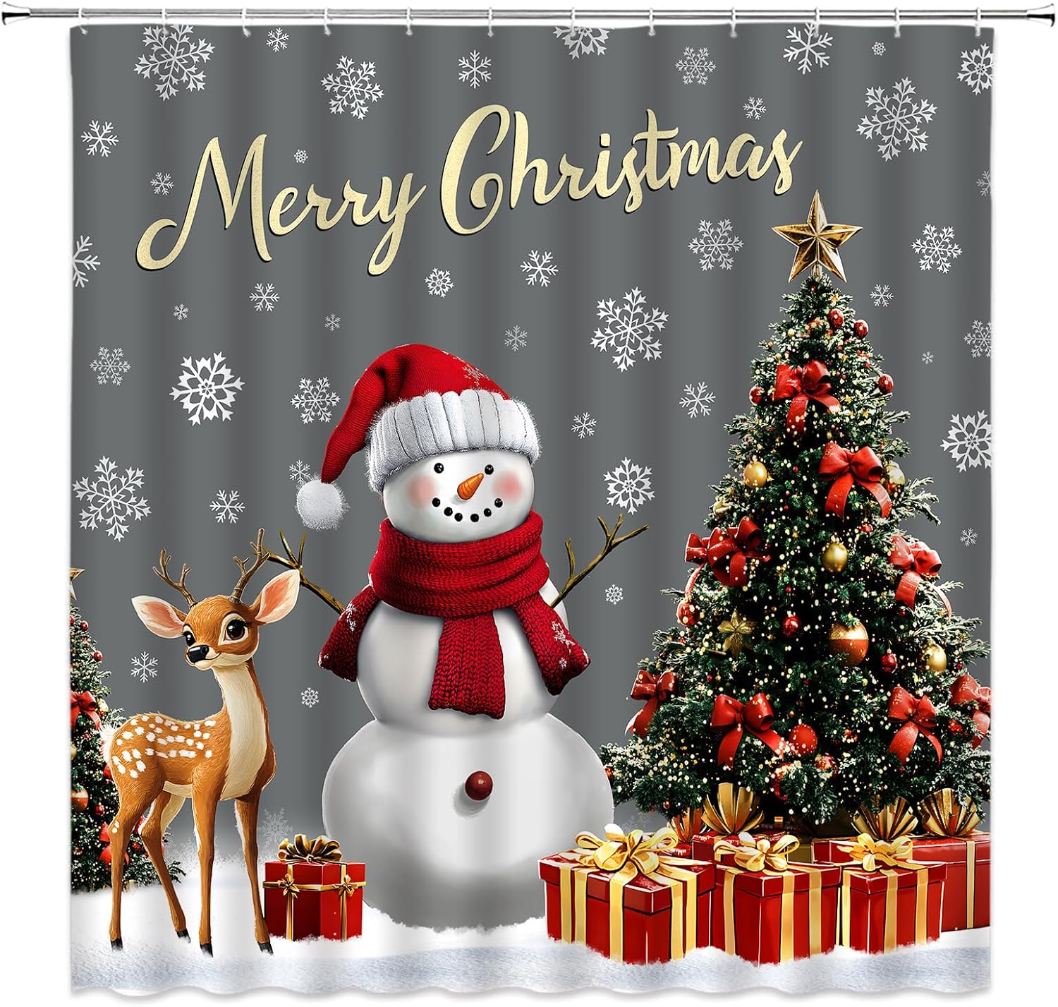 Christmas Snowman Shower Curtain Grey Xmas Trees Deer Winter Snowflake Snow Happy New Year Fabric Bathroom Home Decor with Hooks(70" Wx84 H)