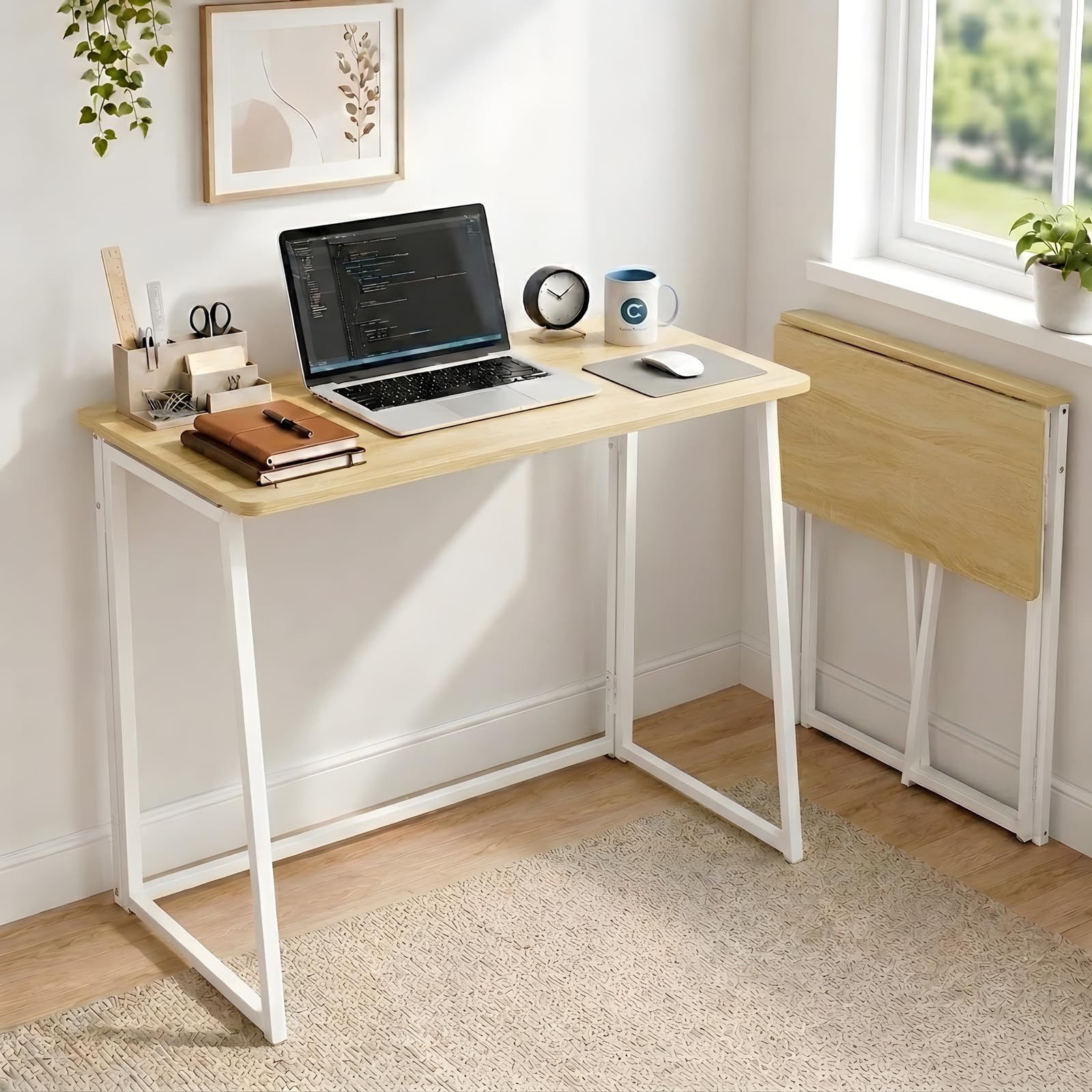 Escritorio Infantil Plegable Mesa Estudio Ordenador para Habitación Juvenil Dormitorio niña Ahorro de Espacio Nórdico Fácil Montaje Esquinas Redondeadas Blanco Roble 80x40x74cm