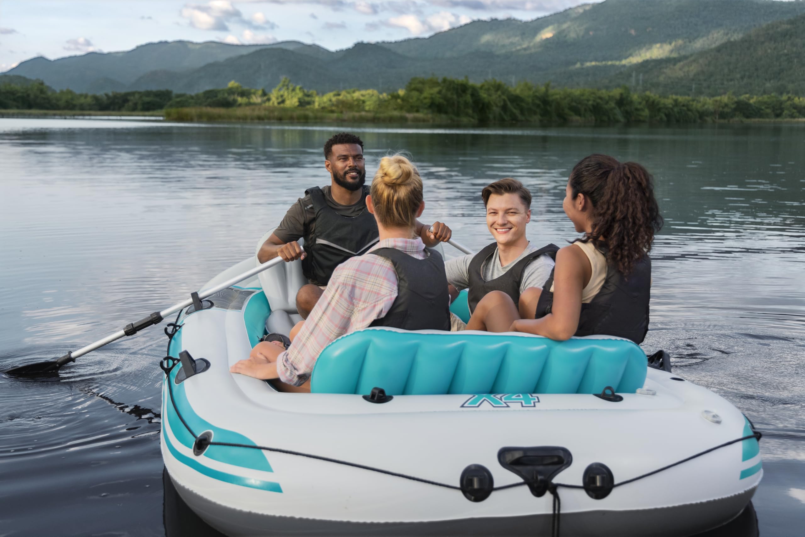 Bestway Hydro Force Schlauchboot-Set Adventure Elite X4, 315 x 165 x 41,5 cm, 4 Personen, 500 kg Belastbarkeit, 3 Luftkammern, Angelrutenhalterungen, aufblasbare Sitze, Ruder, Handpumpe, Tragetasche