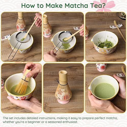 Miniatura 2 de Juego de ceremonia de matcha floral pintado a mano, 6 batidor y tazón de matcha, soporte para batidor de matcha, cuchara y reposo, coladores, kit de