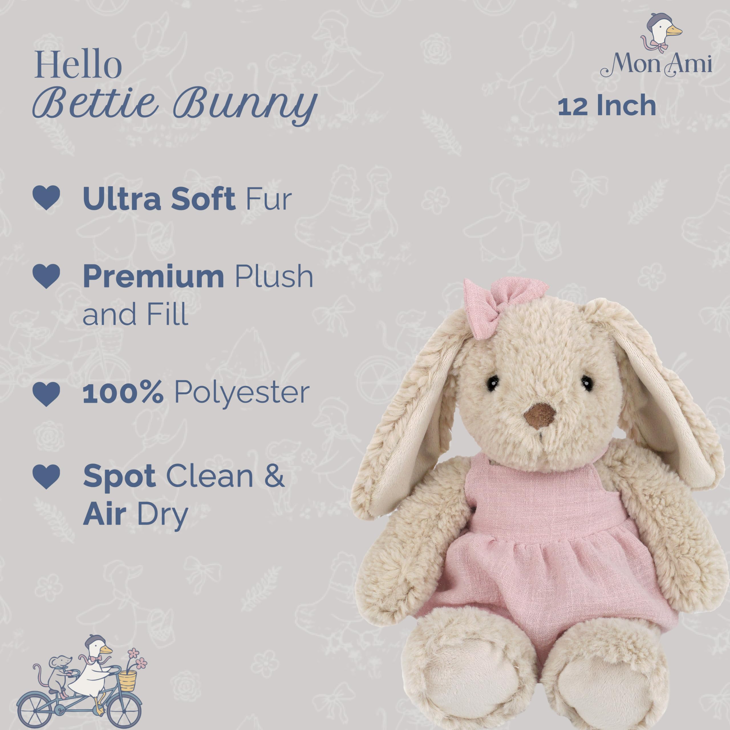 MON AMI Bettie Bunny 12-Inch Stuffed Animal for Girls, Beige/Pink, 4 inches - Image 2