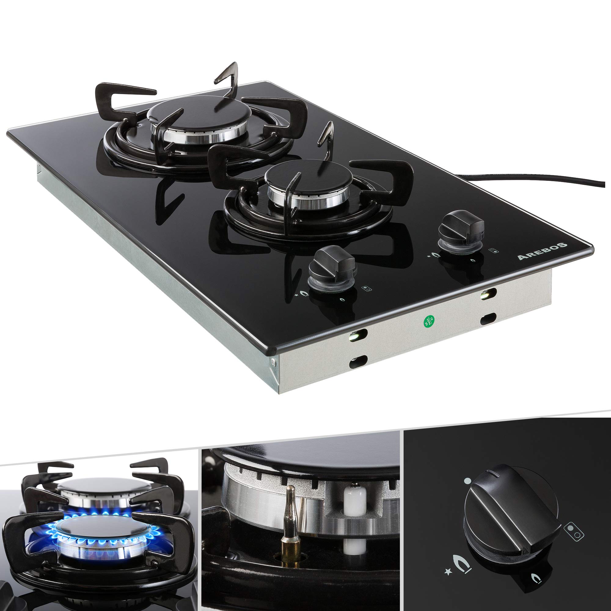 ArebosGas stove 2 flames | Glass ceramic | Incl. grates & safety pilot | Self-sufficient | Suitable for natural gas and propane gas | Gas hob Gas cooker