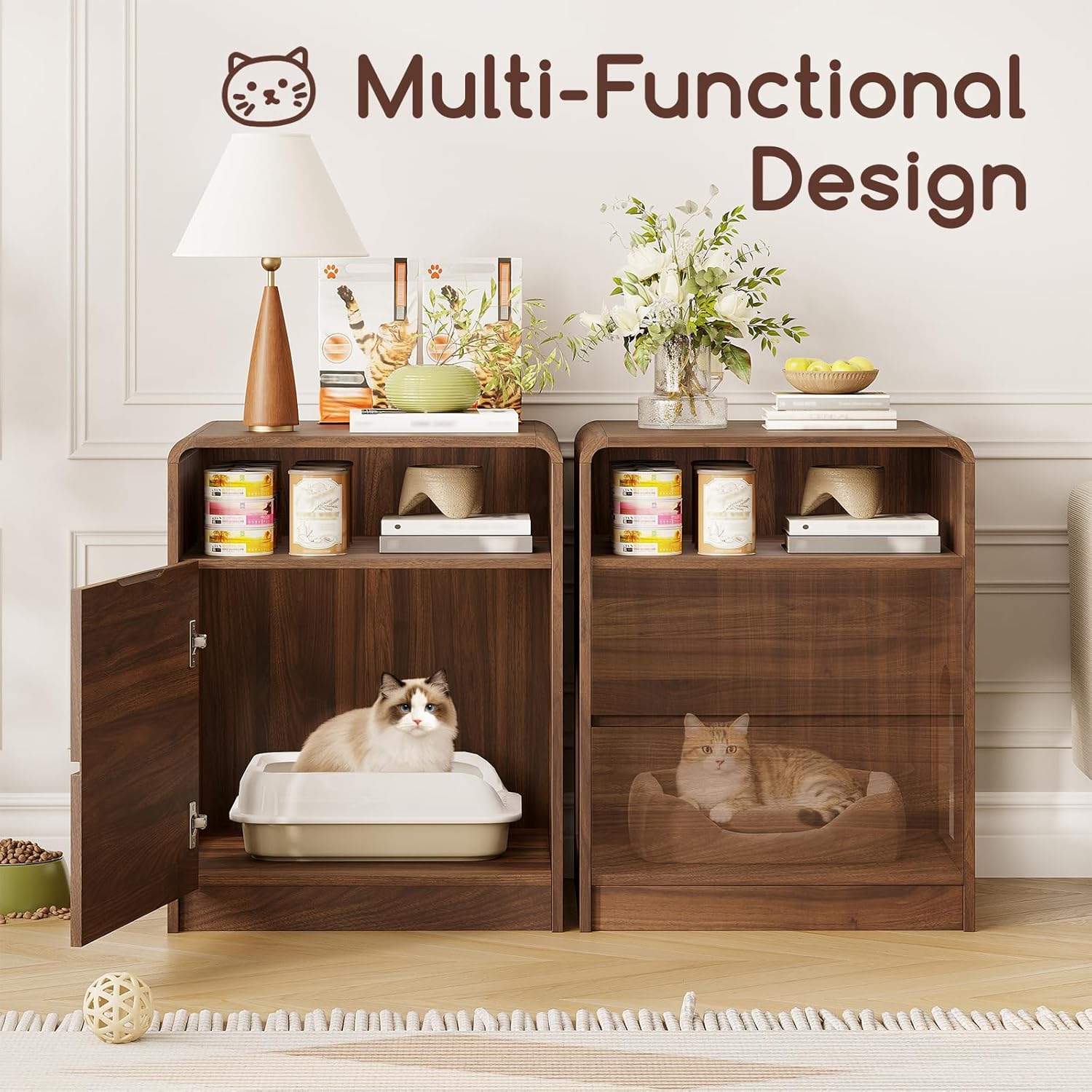 Cat Litter Box Enclosure, Hidden Litter Box Furniture with Open Shelf, Hideaway Litter Box, Cat Litter Cabinet with Side Table Design, Indoor Cat Washroom House, End Table, Brown