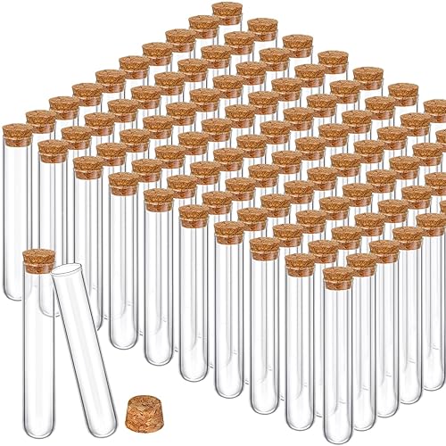 Thyle 100 tubos de ensayo de vidrio con tapones transparentes de corcho, parte inferior redonda, prueba de laboratorio, tampones de vidrio, frascos