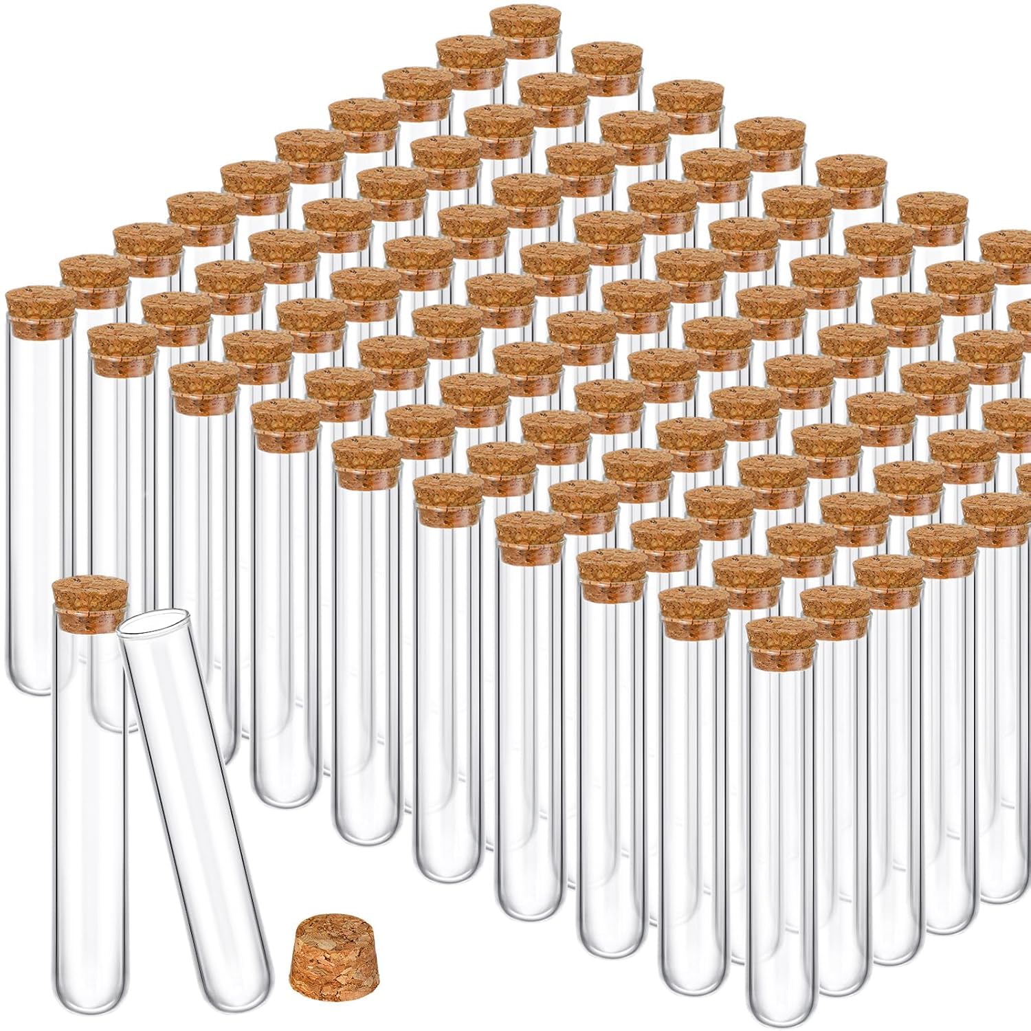 Thyle 100 tubos de ensayo de cristal de 45 ml con tapón de corcho, 25 x 140 mm, fondo redondo, para pruebas de laboratorio, almohadillas de alcohol, recipientes para plantas, experimentos científicos