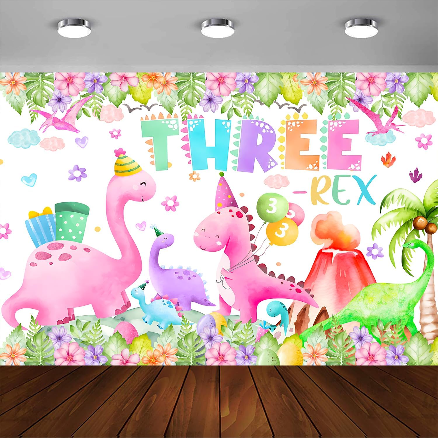 Three Rex Birthday Decorations Girl Watercolor Dinosaur 3rd Birthday Party Banner Backdrop Pink 3 Rex Dino Party Decor Supplies for Girls (Pink Three rex)