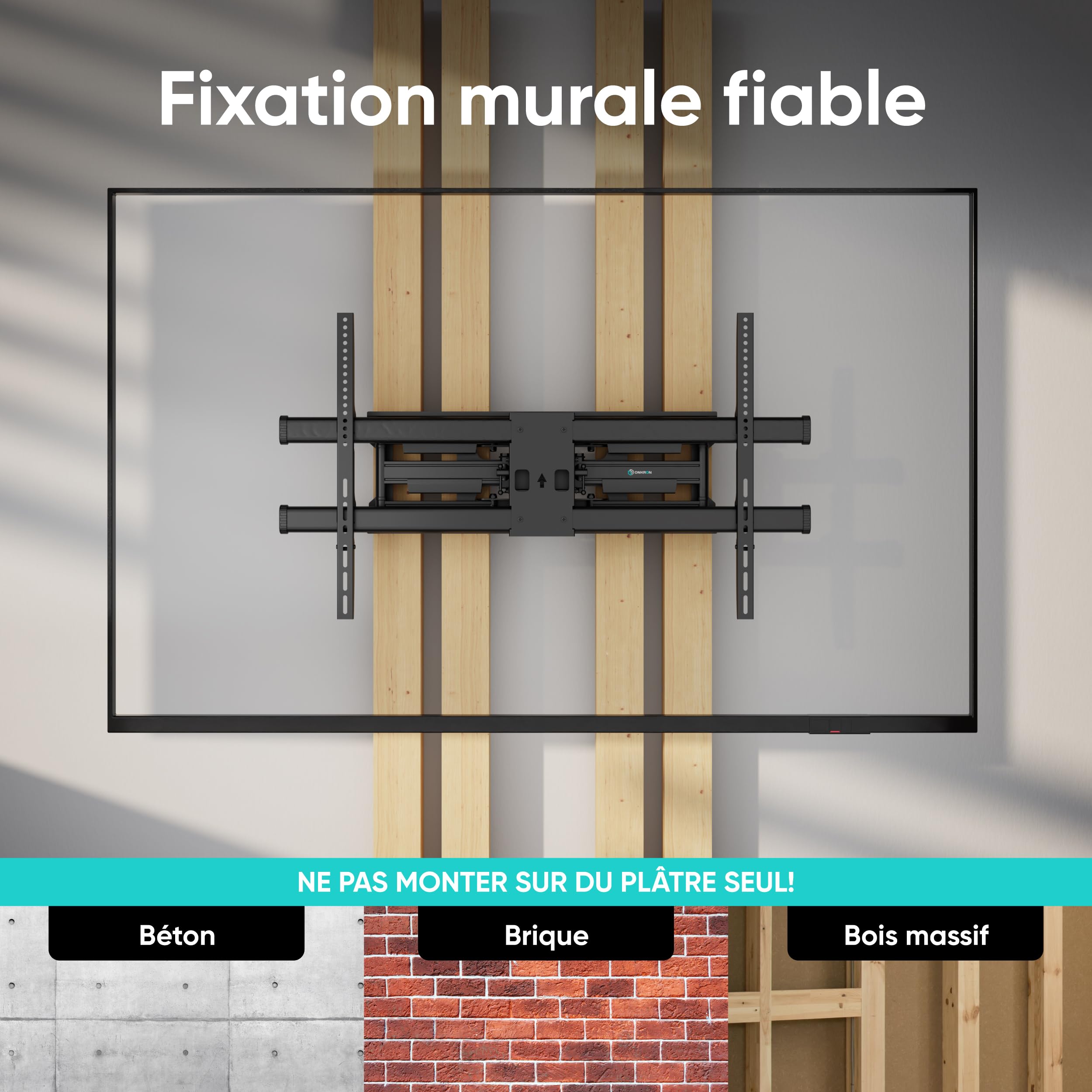 ONKRON Support TV Mural pour 42-120 Pouces Écrans Lourds jusqu'à 100 kg, Accroche Tele VESA 200x100-1000x600, Support Mural TV Orientable et Inclinable, Fixation Tele Murale Universel Noir M10-B