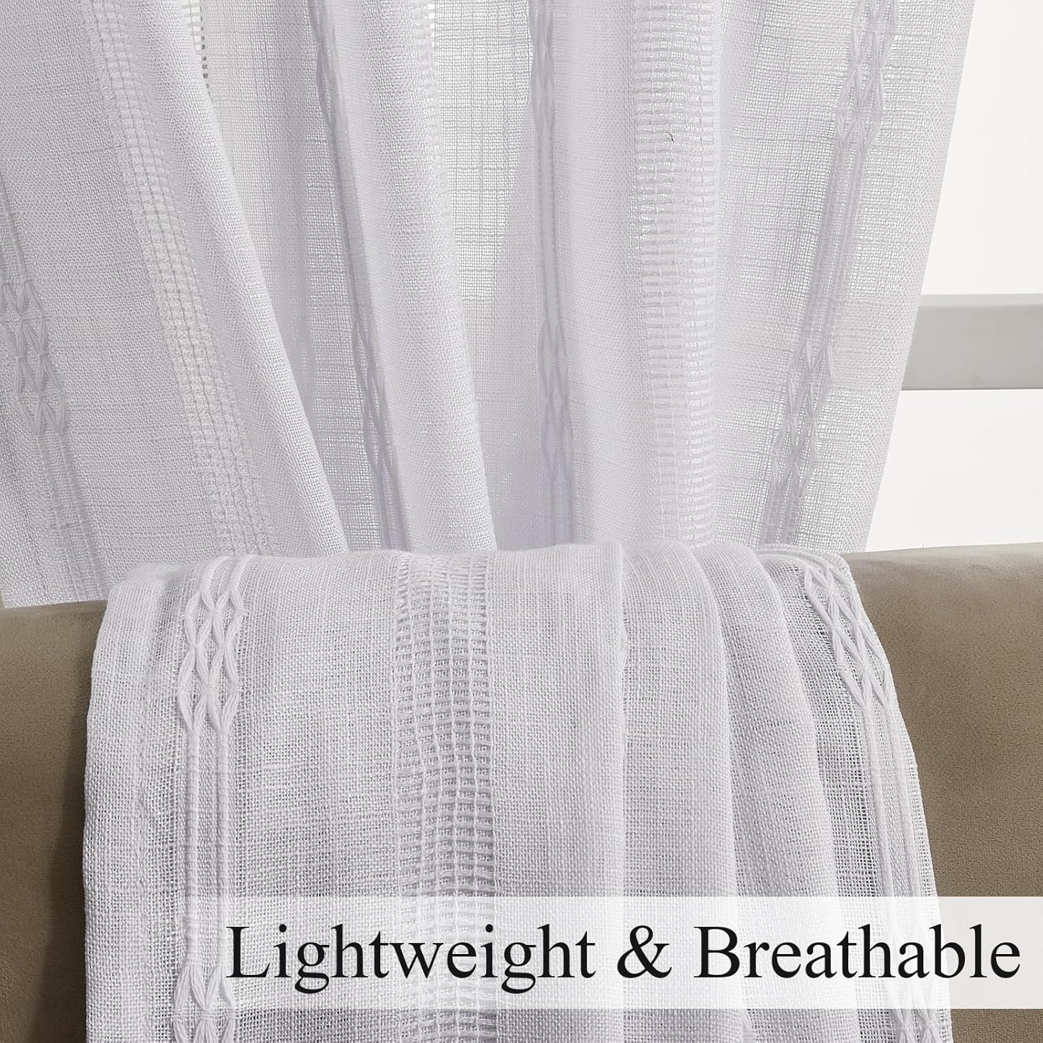 Estelar Textiler White Linen Boho Farmhouse Curtains for Sliding Door, Embroidered Curtains 96 Inches Long, Light Filtering Semi Sheer Grommet Top Drapes for Living Room/Bedroom, 52Wx96L, 2 Panels
