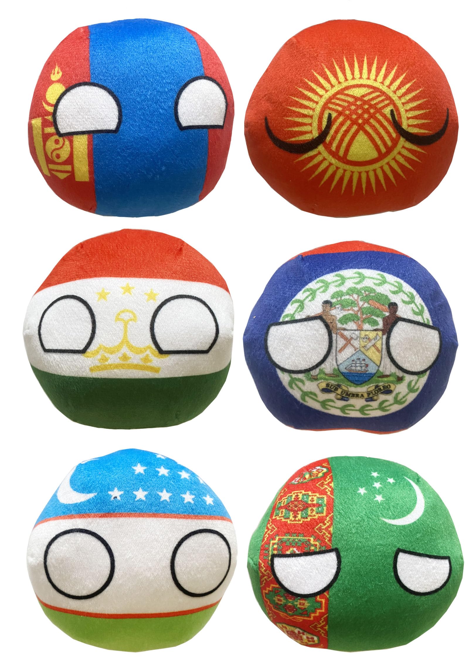 Raclove 6PC Countryballs Plushies - Soft & Educational National Character Toys. Your Collection of Countryball and Polandball Plushies. (15MN-BZ-UZ-TM-KG-TJ)