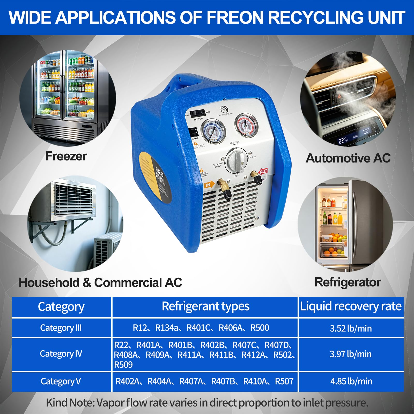 Máquina de recuperación de refrigerante de un solo cilindro de 3/4 HP, unidad de reciclaje de freón portátil de 110 V 60 Hz para refrigerante líquido y de vapor, para sistema de aire