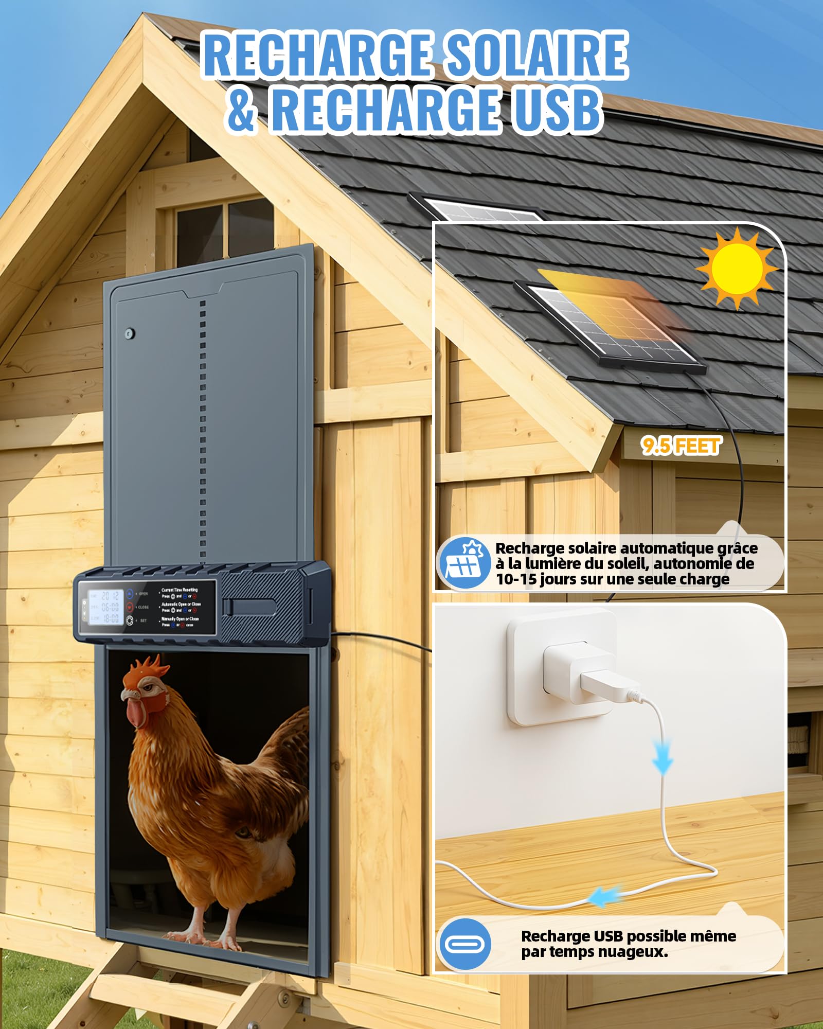 Porte Automatique Poulailler Solaire Grande Taille 27.5x36cm avec Télécommande&USB-C Cable,Porte Poulailler Bleu en Aluminium Étanche,3 Modes,Affichage LED,Sécurité Anti-Pincement,Minuterie