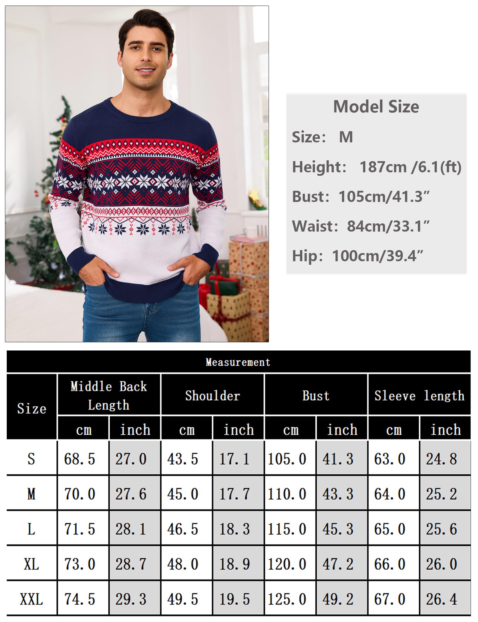 Pull de Noël Homme Col Rond Manches Longues Motif Renne et Flocons