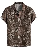 Men's Cotton Linen Vintage Pattern Printed Old Style Shirt Casual Short Sleeve Button Down Retro Shirts