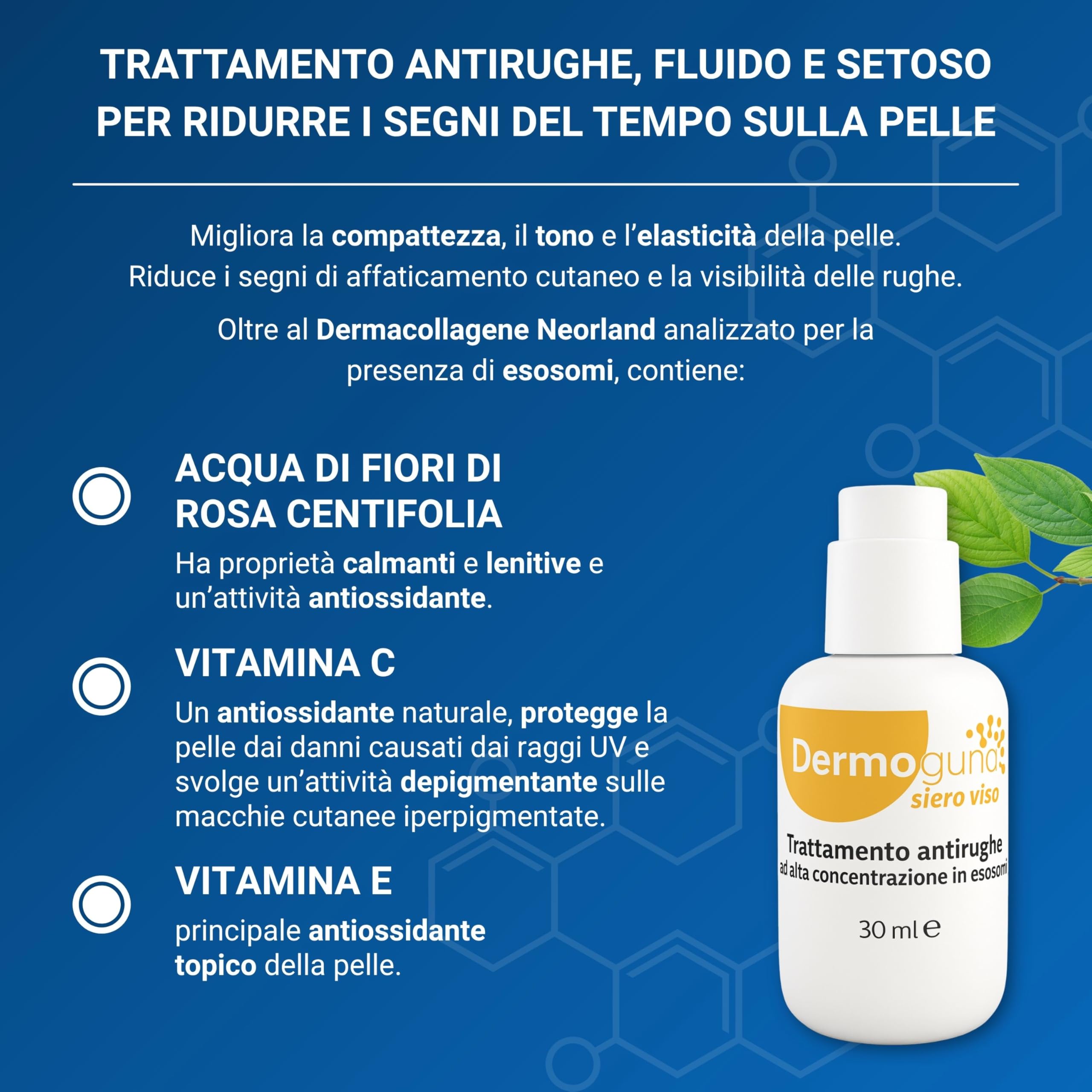 GUNA Dermoguna Siero Viso Antirughe 30 ml - Alta Concentrazione di Esosomi di Dermacollagene - Migliora il Tono, l'Elasticità della Pelle e Riduce la Visibilità delle Rughe