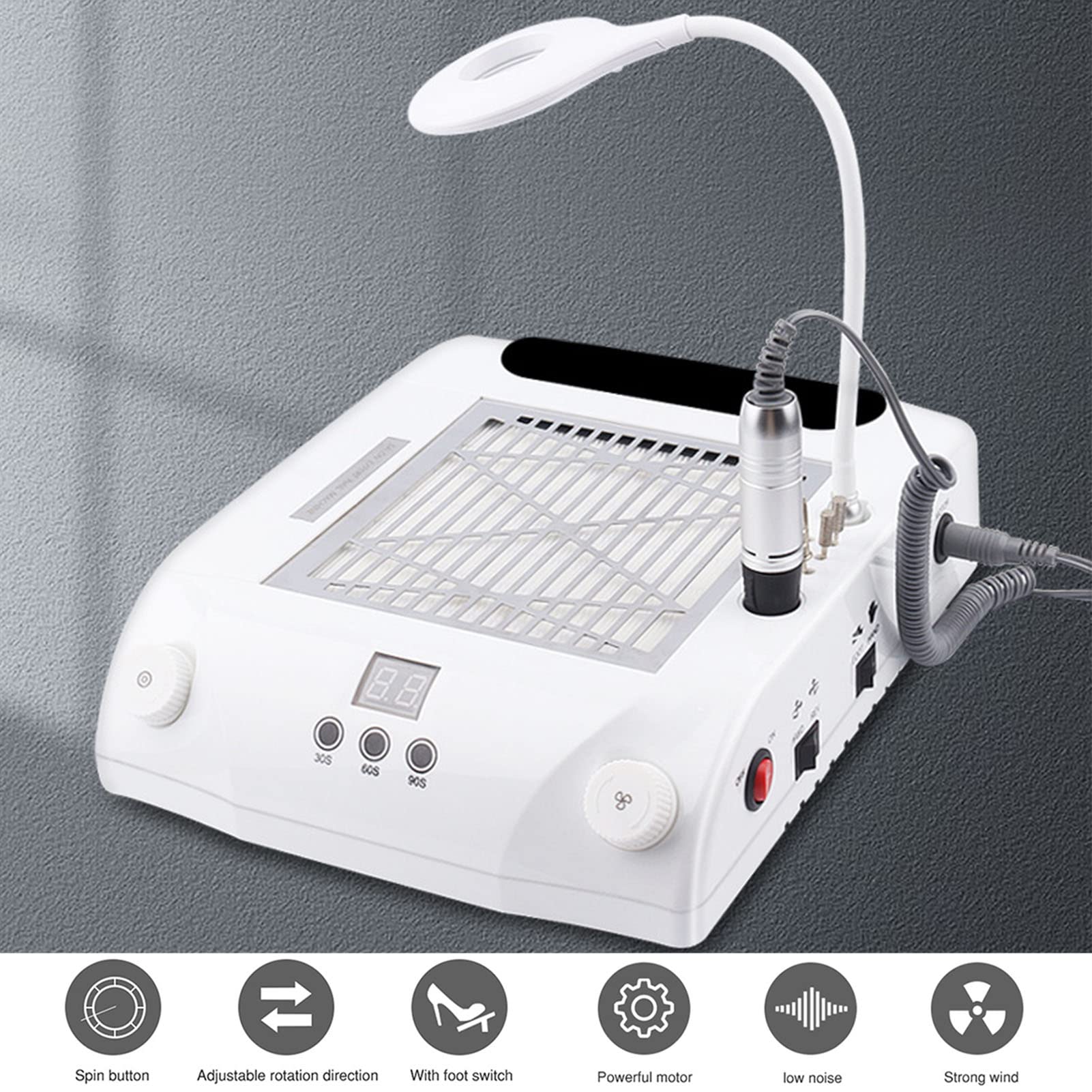 Aspirador Uñas, Aspirador Manicura Profesional, 100-240V Pluma de Molienda de 35000 RPM de Succión Ajustable Almohadilla de Silicona Aspirador Polvo Uñas para Manicura Profesional