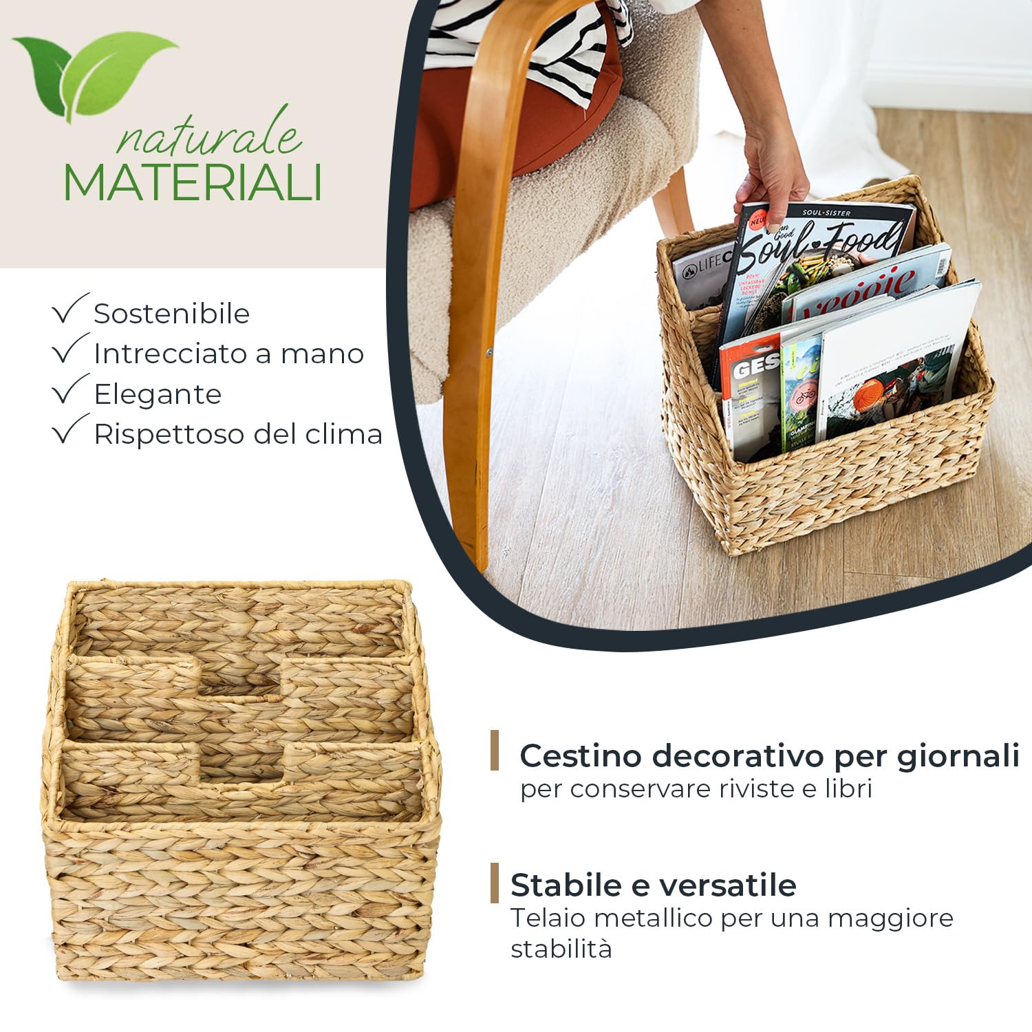 HMF Portariviste da terra, Porta riviste per Cataloghi e Giornali, intrecciato in Giacinto d'acqua | 3 Scomparti | 35 x 24 x 32 cm