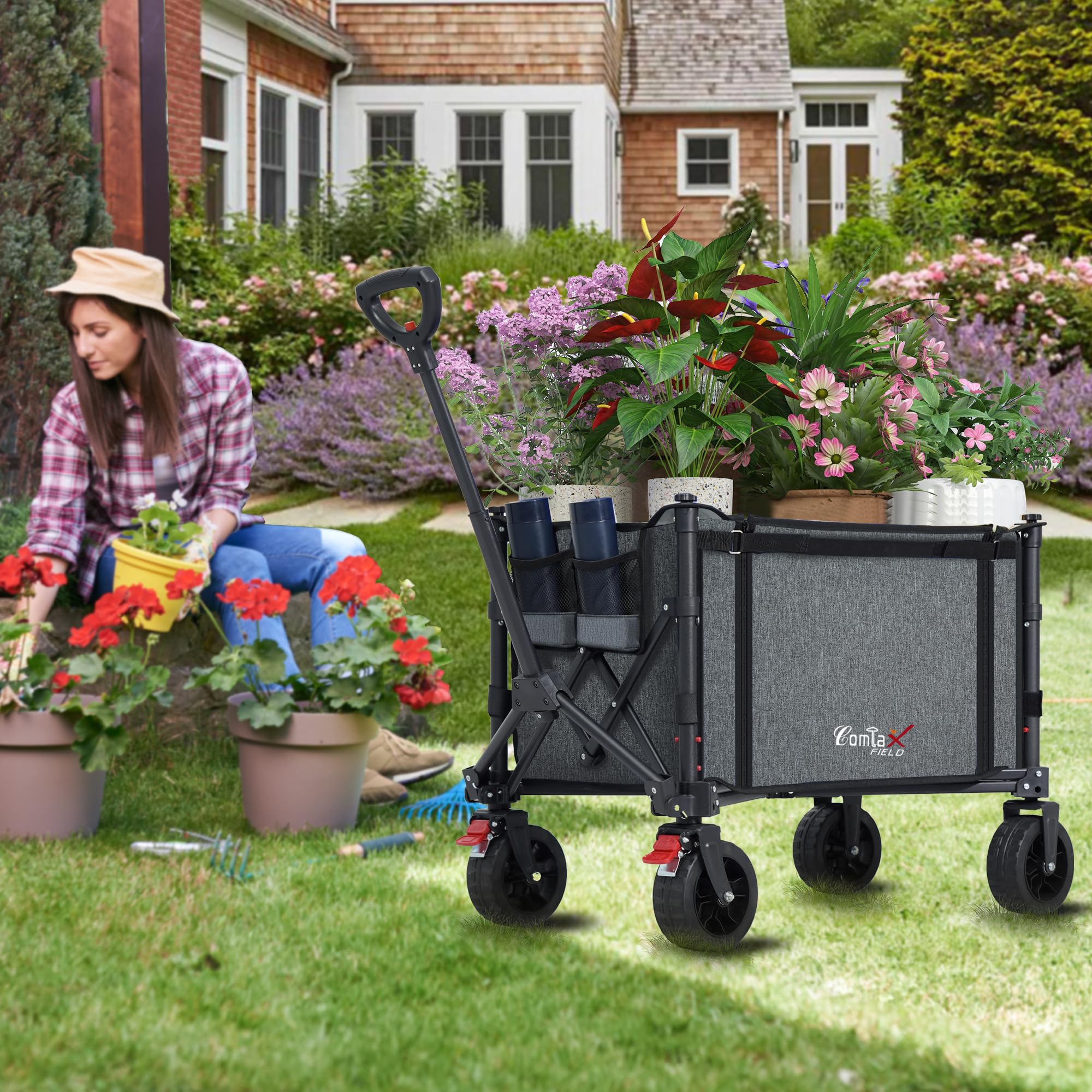 COMLAX FIELD Carro plegable con ruedas grandes para todo terreno, 120 l, 100 kg, plegable, con frenos, carrito de playa, para playa, jardín, camping, compras, color gris