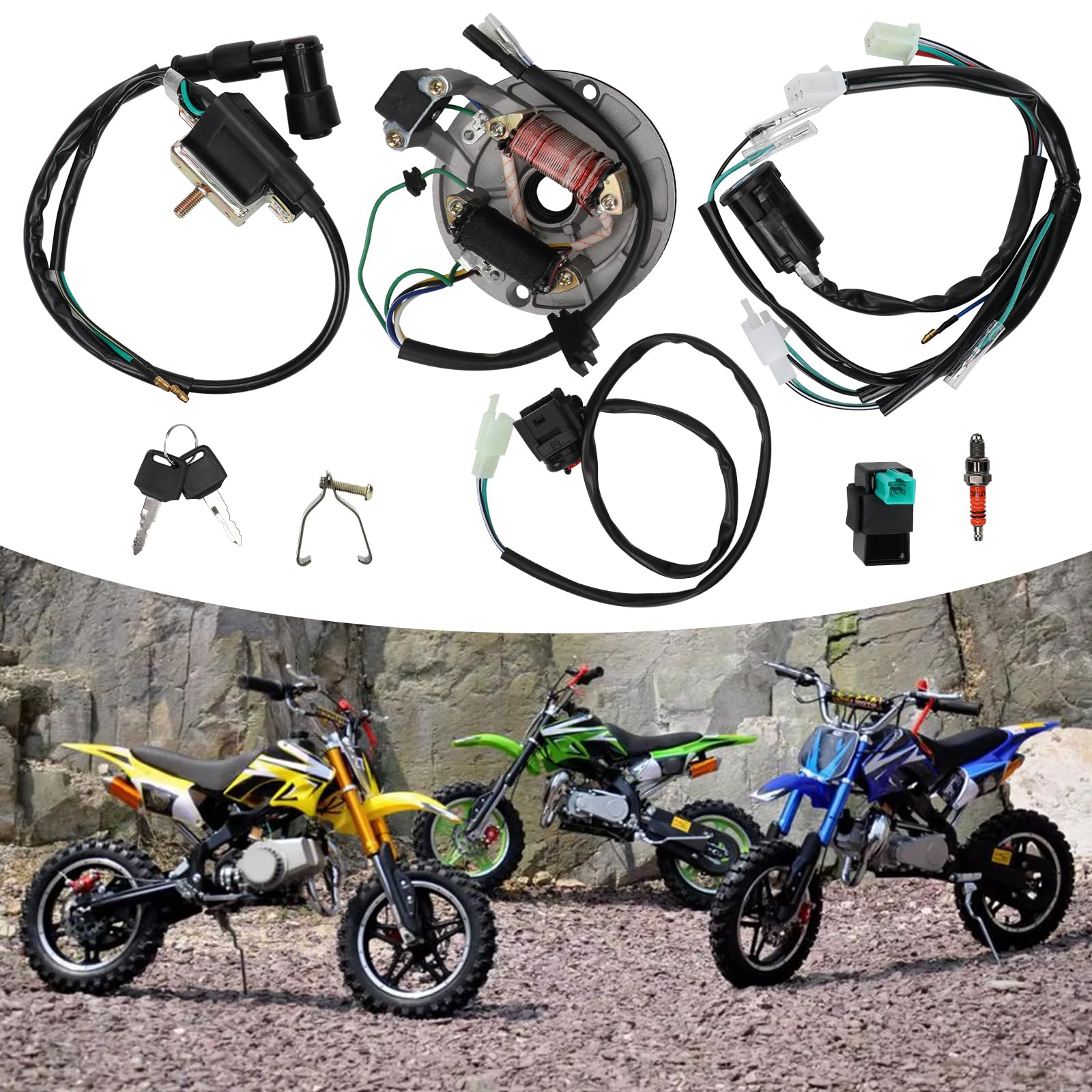 Bobina de Encendido CDI Bujía Cable Arnés Magneto Estator Kit, Magneto Estator Eléctrico Arnés de Cableado Relé Solenoide para 50cc -140cc Kick Start Dirt Pit Bike ATV