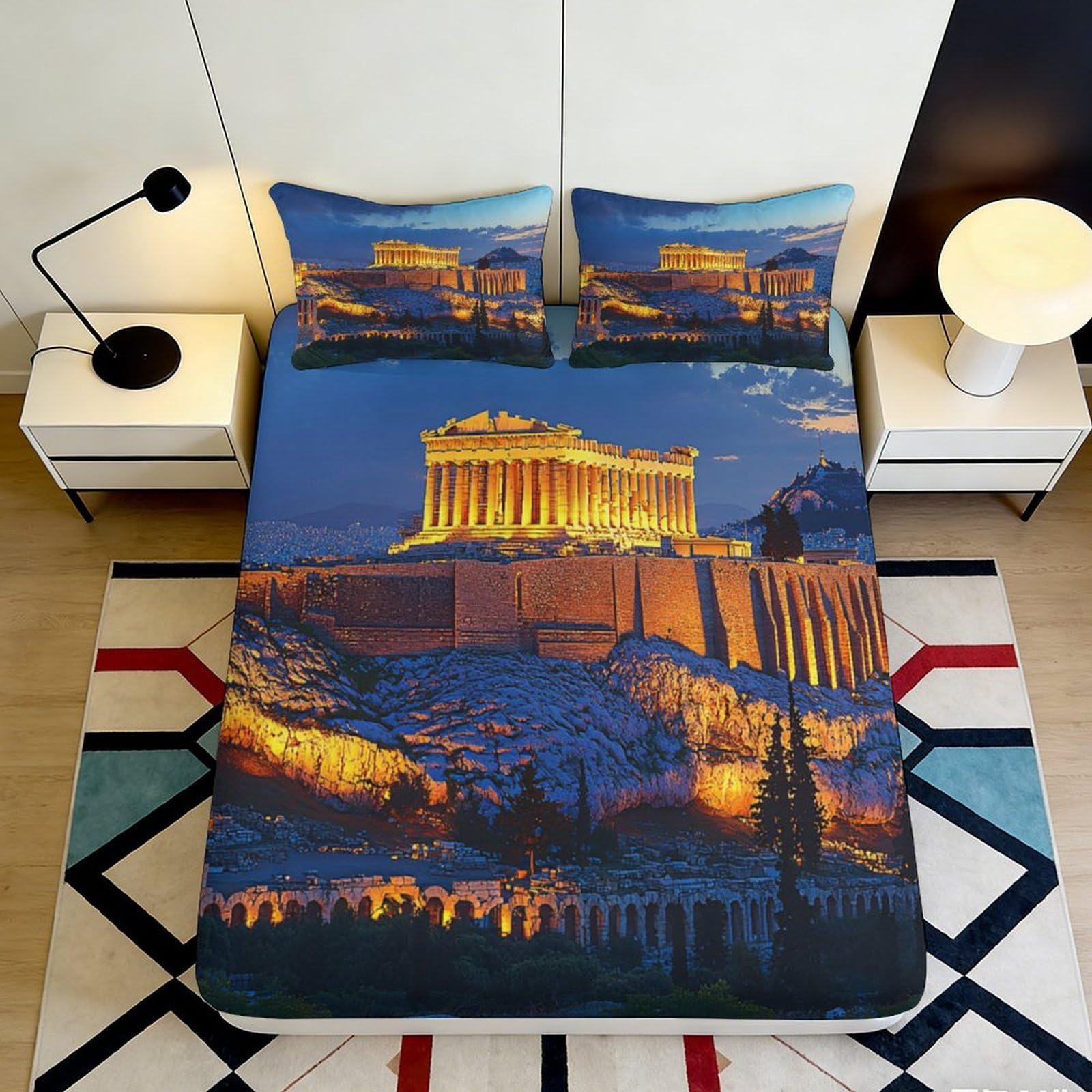 3D Printed Parthenon Athens Fitted Sheet Microfiber Non-Slip Ancient Ruins Mattress Cover for Bedroom Dorm Decor 90x200x25cm