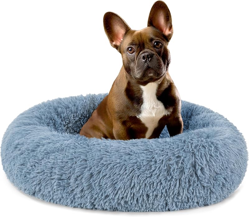 PetAmi Calming Donut Dog Bed, Washable Faux Fur, 23 Inch Small, Blue | Warm Shaggy Faux Fur and A Deep Nest Help Anxious Pets Curl Up and Sleep Soundly. Perfect for Puppies, Cats, and Rescues.