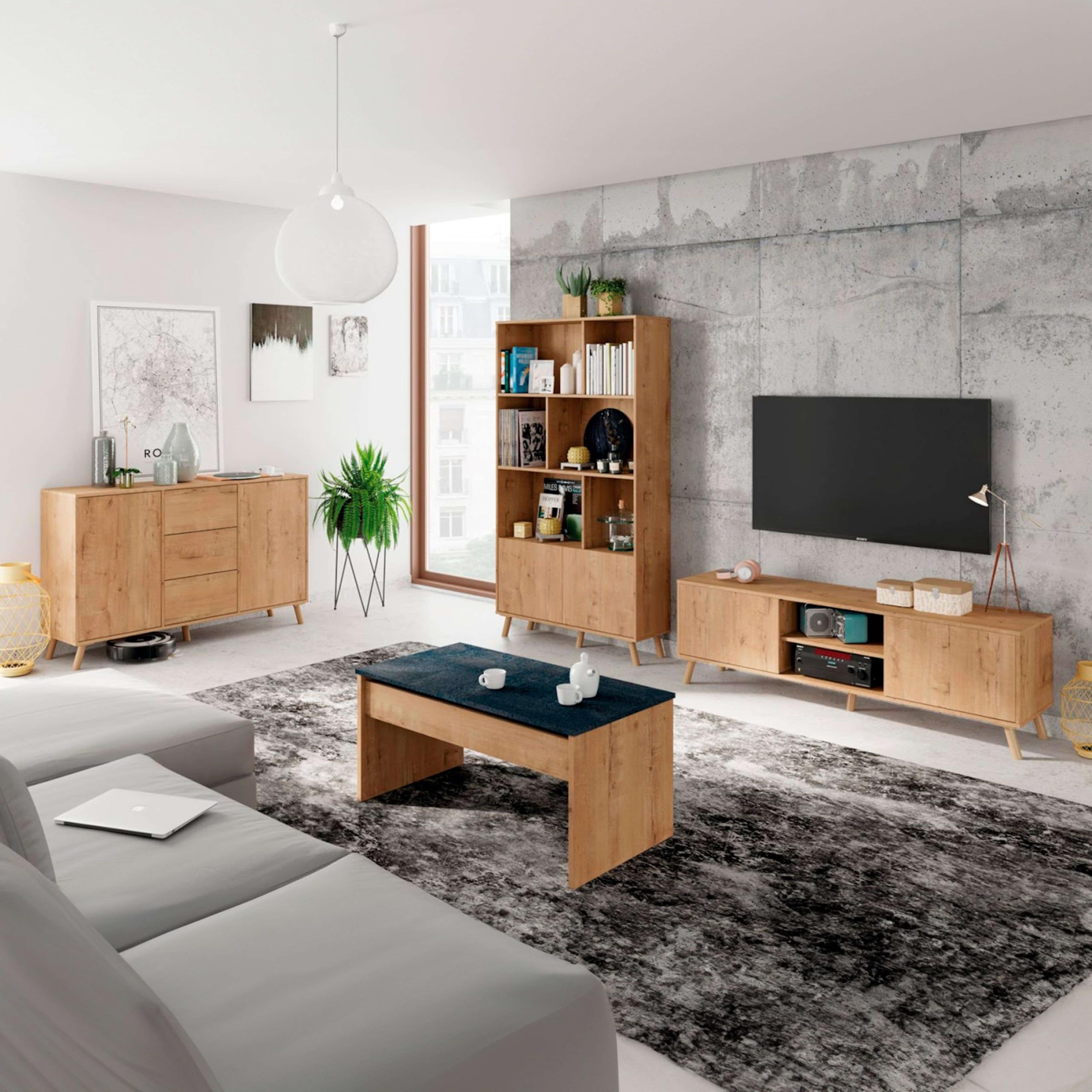 MUEBLES PITARCH | Mueble TV con Patas 2 Puertas y Estante, Mueble de Televisión Industrial, Roble Gold, 55x160x40cm, Módulo de Salón, Moderno, Modelo Oslo