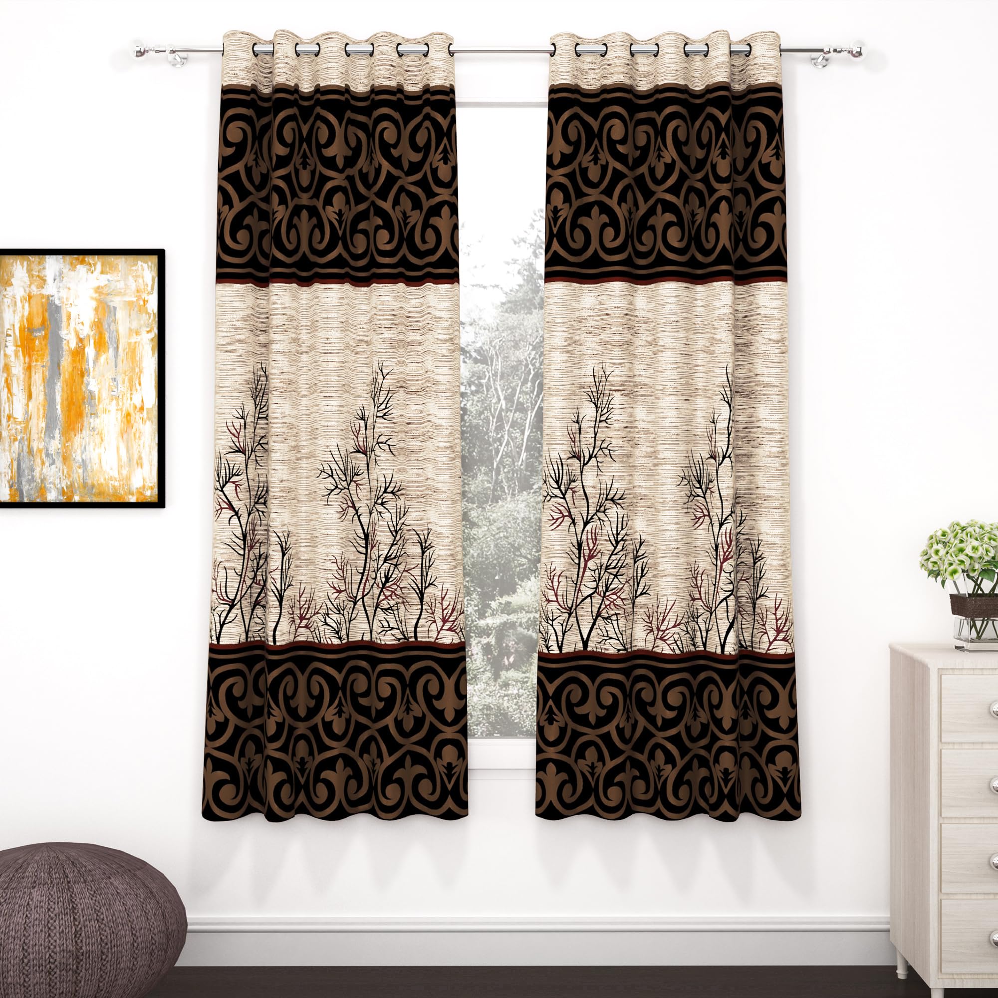 Window Curtains 5 Feet Long Set of 2 | Light Filtering Curtains for Window | Abstract Design, Polyester Curtain and Drapes for Living Room | (118 x 152 cm, Cream & Brown)