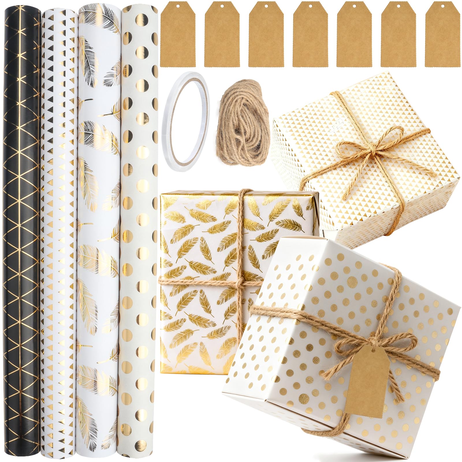 LHNNDM 4 Rolls Gift Wrapping Paper, 43cm x 300cm Happy Birthday Wrapping Paper Rolls for Birthday, Party, Wedding, Baby Shower, Festival Gift Decorations (Mixed colours)