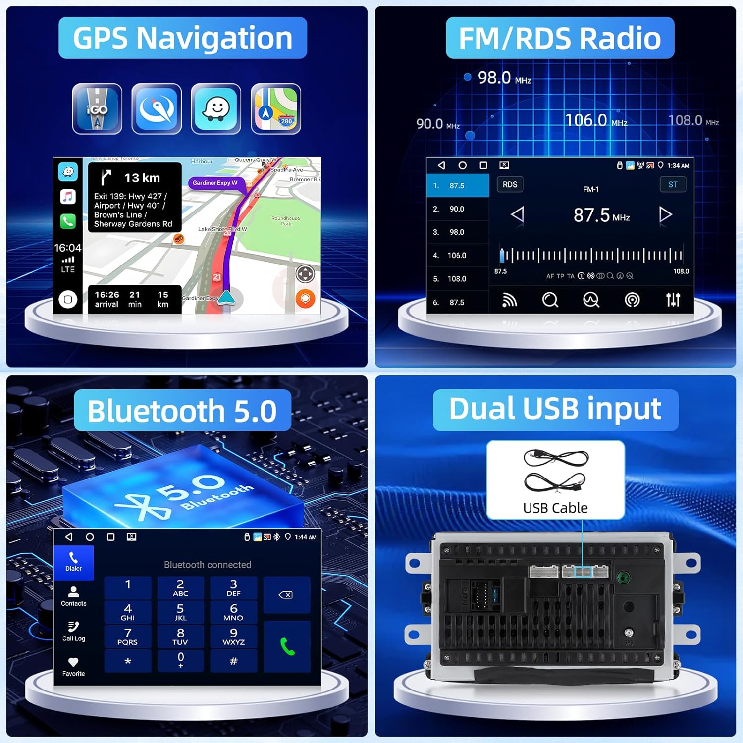 Bluetooth 5.0, GPS Navigation, FM/RDS Radio, and Dual USB input interfaces