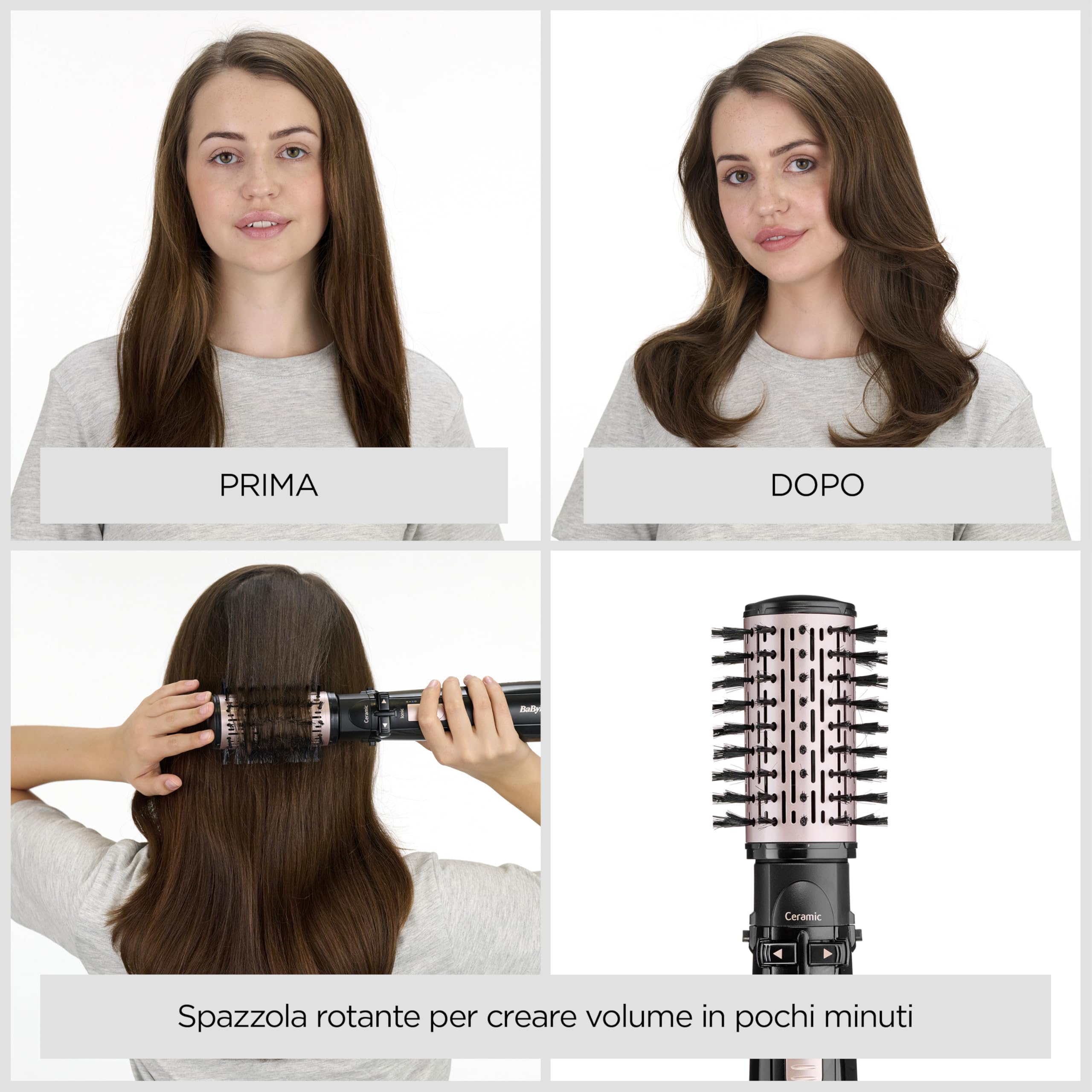 BaByliss Spazzola rotante ad aria calda, 4 accessori intercambiabili per asciugare, modellare, lisciare e volumizzare, 2 temperature più aria fredda, 2 direzioni di rotazione, 1000 W AS200E