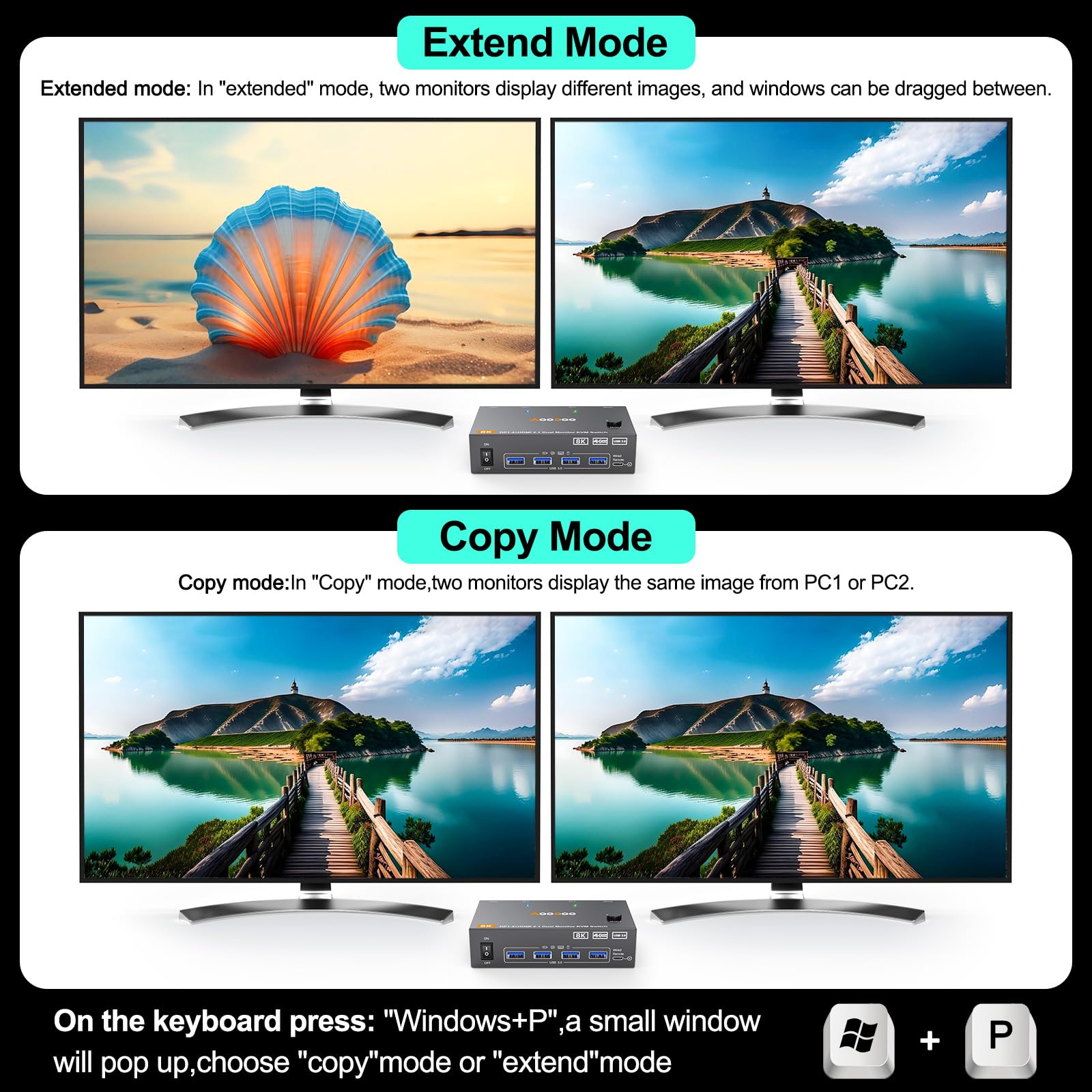 KVM Switch HDMI DP 8K@60Hz/4K@144Hz, HDMI DP KVM Switch für 2 Computer 2 Monitore und 4 USB3.0-Geräte teilen, Kabelfernbedienung und USB-Kabel im Lieferumfang enthalten
