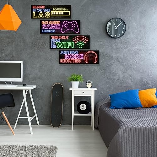 Miniatura 7 de 4 piezas de decoración de juegos de neón para habitación de niños, arte de pared de videojuegos de madera, citas motivacionales, placas colgantes