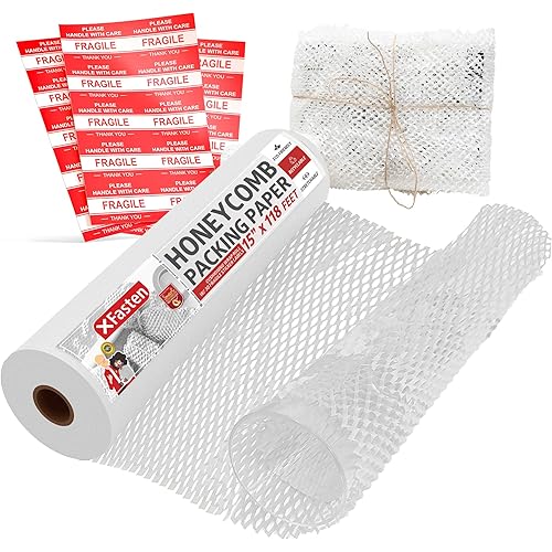 XFasten White Honeycomb Packing Paper for Moving 15-Inch x 118-Feet Bubble Honeycomb Wrap, Honeycomb Wrapping Paper for Packing Cushion with 20 Fragile Stickers Packaging Material