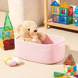 MiniArk Small Storage Baskets for Organizing | Closet Organizer Bins | Shelf Toy Basket | Woven Rope Baskets | Cube Decorative Box | Shallow Basket | 13x8.5x5.1 | 4 Packs Light Pink