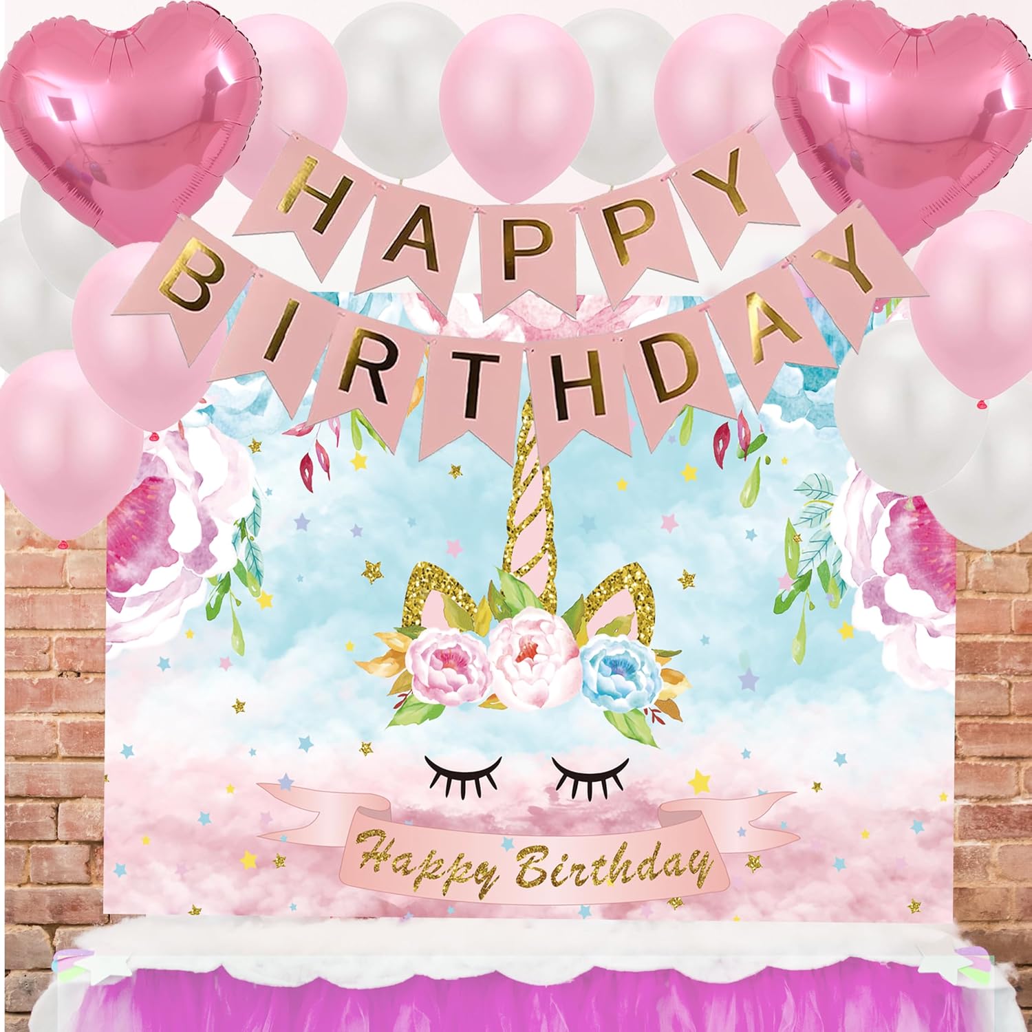 Unicorn Birthday Decorations, Unicorn Party Supplies for Girls Birthday - Party Backdrop Bday Balloons Kit Headband Cake Cupcake Toppers Wrappers Banner Tattoos Plates Cups Napkins Straws Favor Bags
