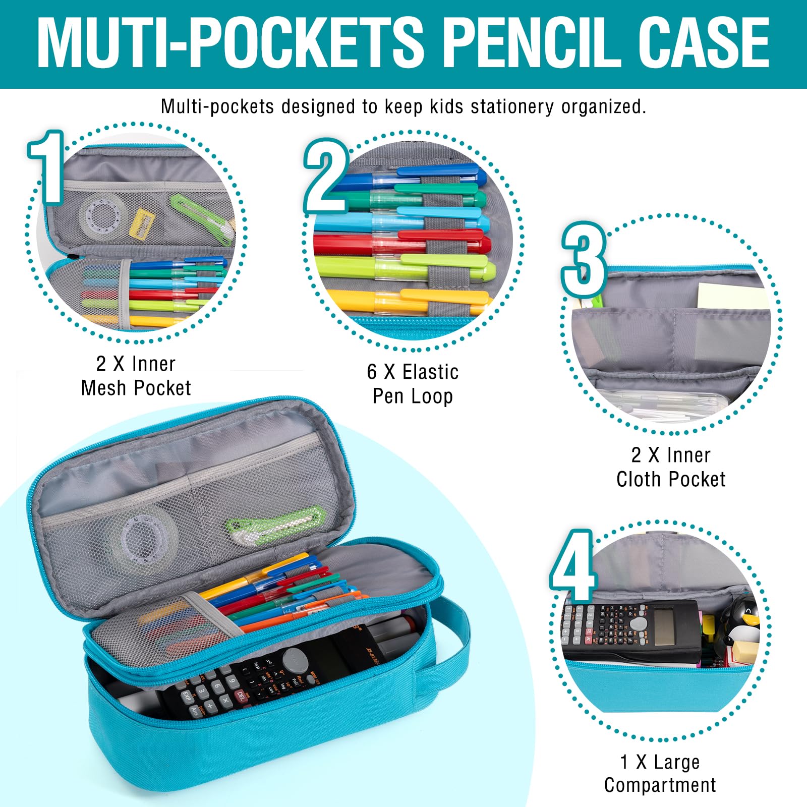 Estuche grande para niños, estuche de lápices con 2 capas/4 compartimentos, caja de papelería con múltiples ranuras para niños, adolescentes y estudiantes, estuche organizador de suministros