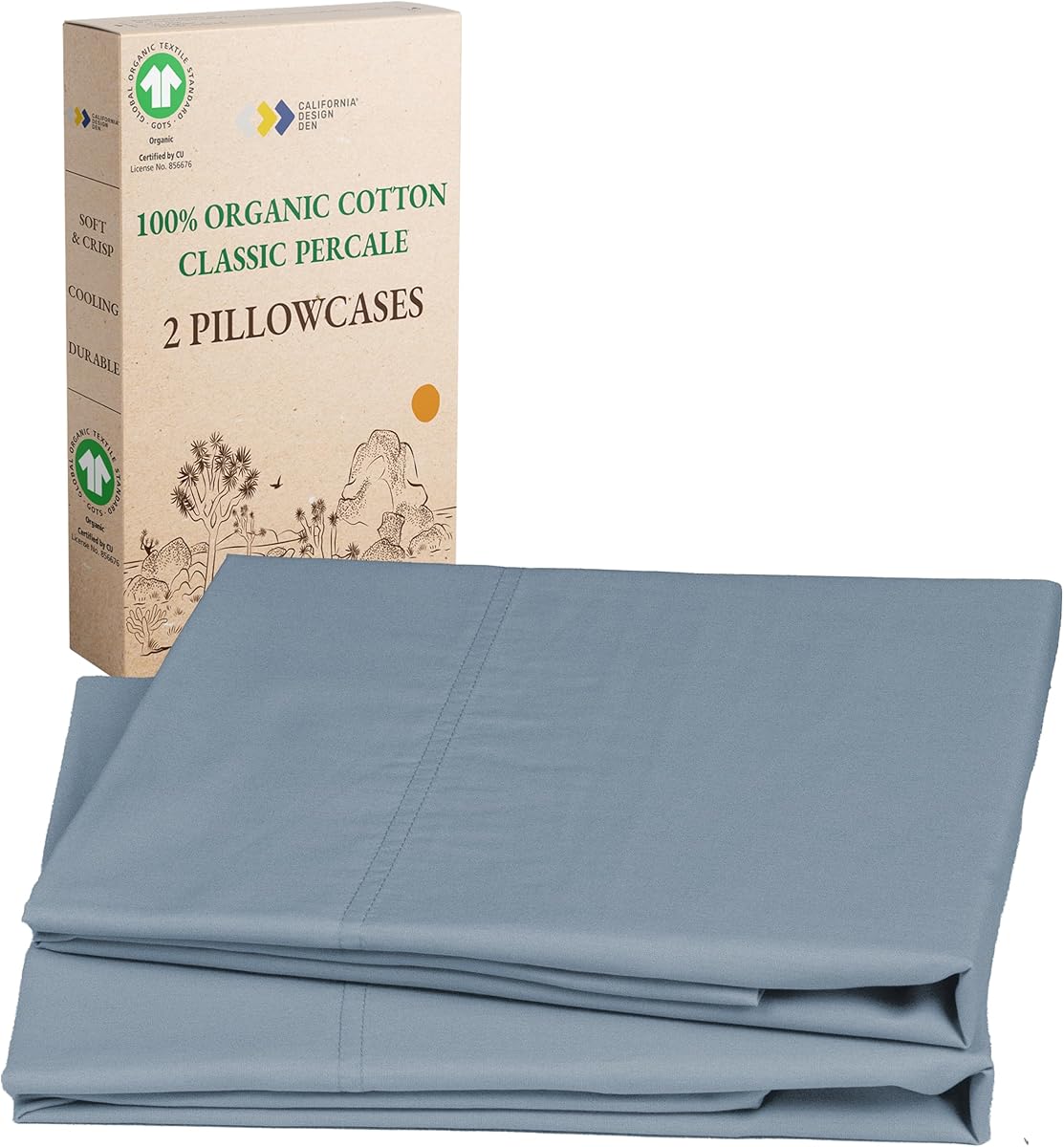 California Design Den 100% Organic Cotton Standard/Queen Pillow Cases 2, Soft Percale Weave Cotton Pillowcases (Blue Hydrangea)