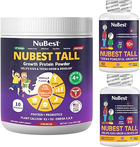 NuBest Bundle 3 Tall Kit Height Growth, Immunity Kids Health Proteína a base de plantas de vainilla, 10+ 60 cápsulas altas y Nu-Best Tall Kids 60