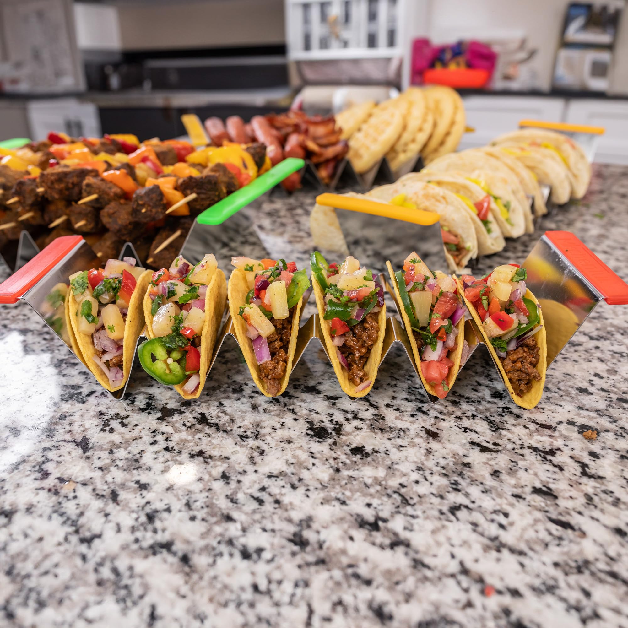 Soporte Para Tacos De Acero Inoxidable | 2 Unidades Con Plato De Salsa | Ideal Para Restaurantes, Picnics Y Fiestas
