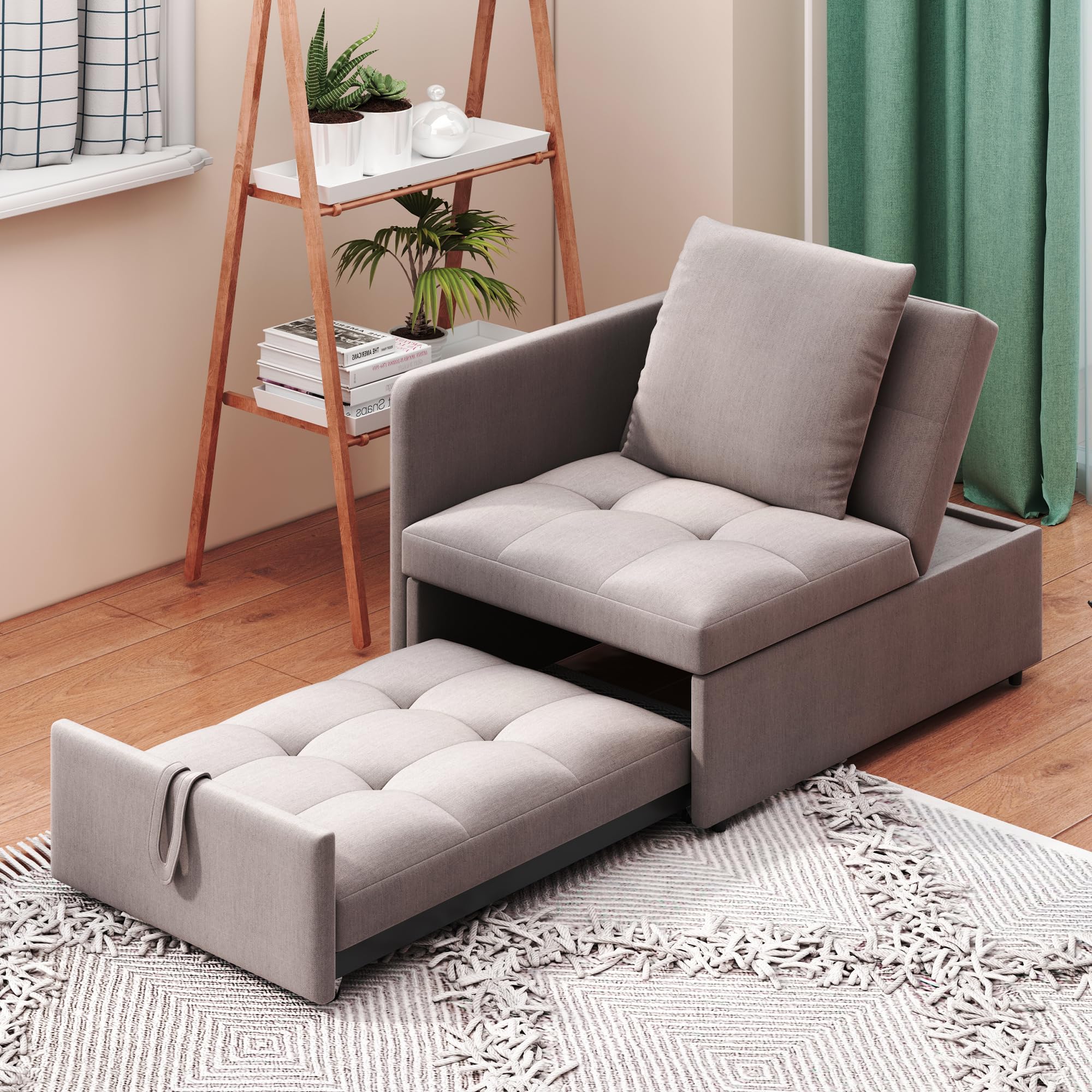 3-in-1-Schlafsofa mit Schlaffunktion, Klappsofa, Sofa Hocker, 5-Fach verstellbare Rückenlehne, Leinenstoffsofa, Schlafsessel für Wohnzimmer & Gästezimmer. (Grau A)