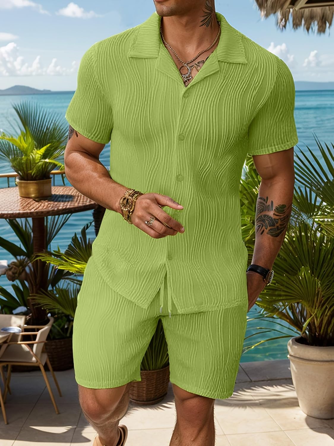 UOUA Summer Outfits for Men 2 Piece Short Sleeve Button Down Shirt & Shorts Set Casual Vacation Beach Tracksuit - Image 3