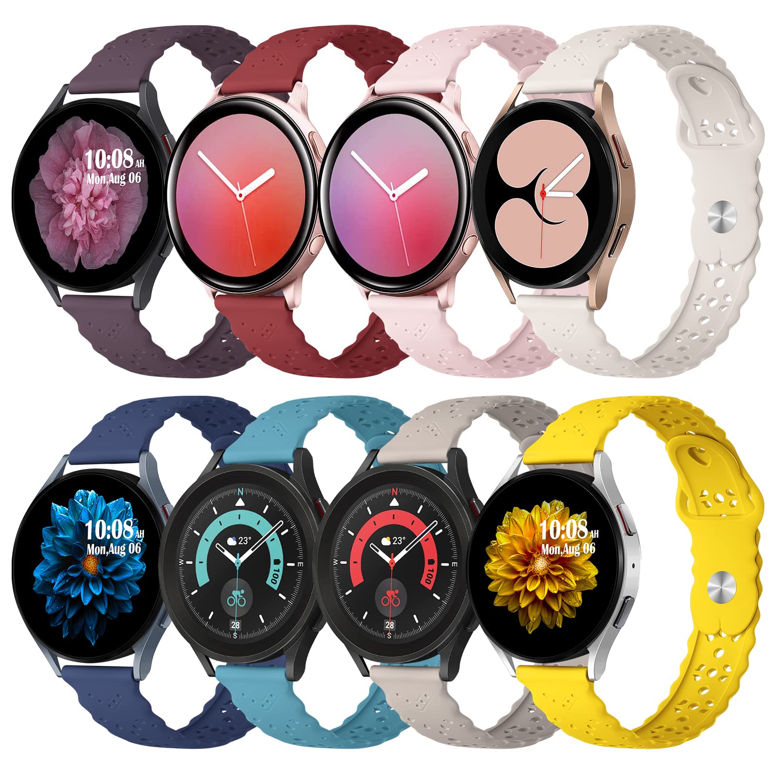 8 Pack Bands Compatible with Samsung Galaxy Watch 5 Band 40mm 44mm/5 Pro 45mm, Galaxy Watch 4 Band 40mm 44mm/Watch 4 Classic/Galaxy Watch 3 41mm, 20mm Slim Sport Lace Silicone Wristband for Women