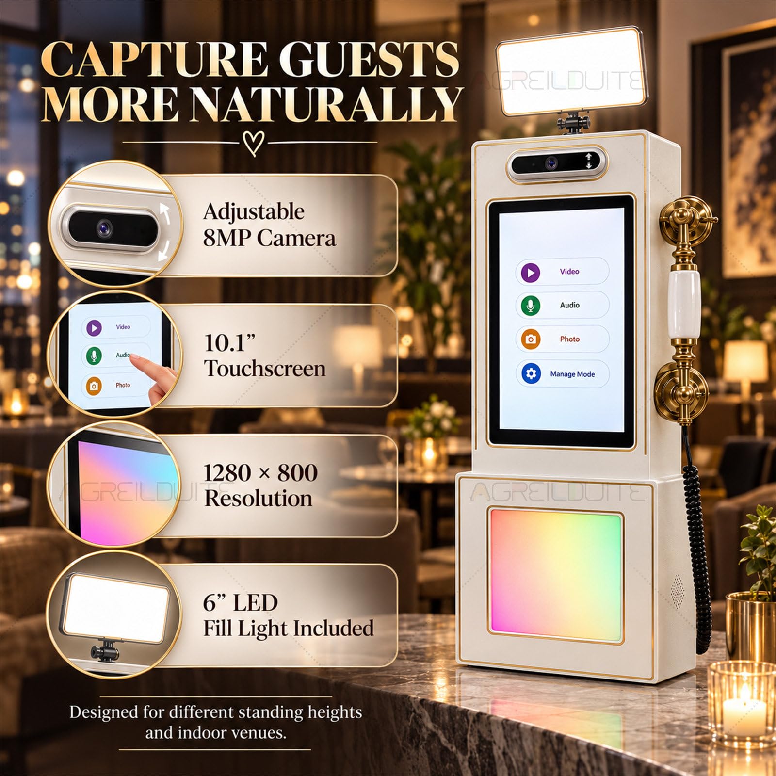 Téléphone Livre d'or Mariage, téléphone Vintage Livre d'or Audio et vidéo avec lumière LED & Interface multilingue, Pose sur Table ou Murale, Messages vidéo pour Location d'événements