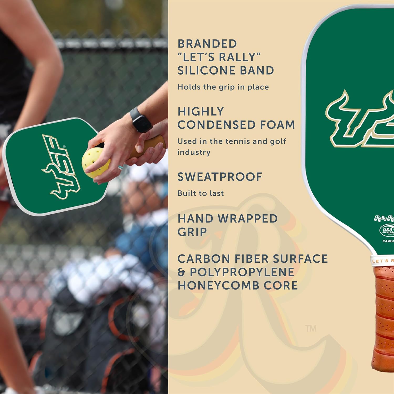 Officially Licensed Collegiate Pickleball Paddle - USA Pickleball Association Approved Racket - Lightweight Honeycomb Core, Carbon Fiber Exterior, Premium Leather Grip for Comfort