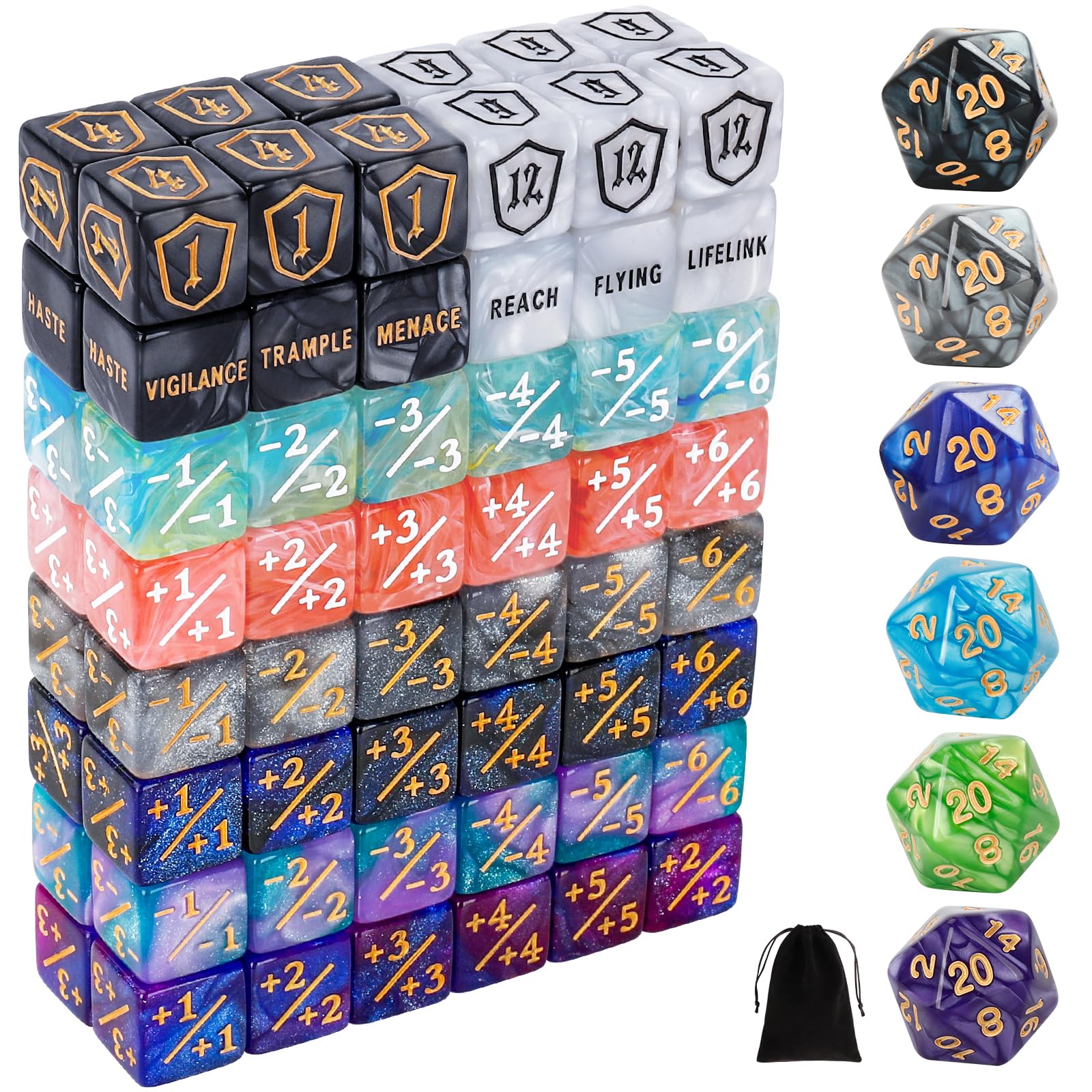 Photo 1 of 102 Pieces MTG Dice Counters Set Bulk Ability Keyword Tokens Shield Life Counters 6 Sided Dice for Magic The Gathering TCG Card Gaming Accessories (More Counters Set)