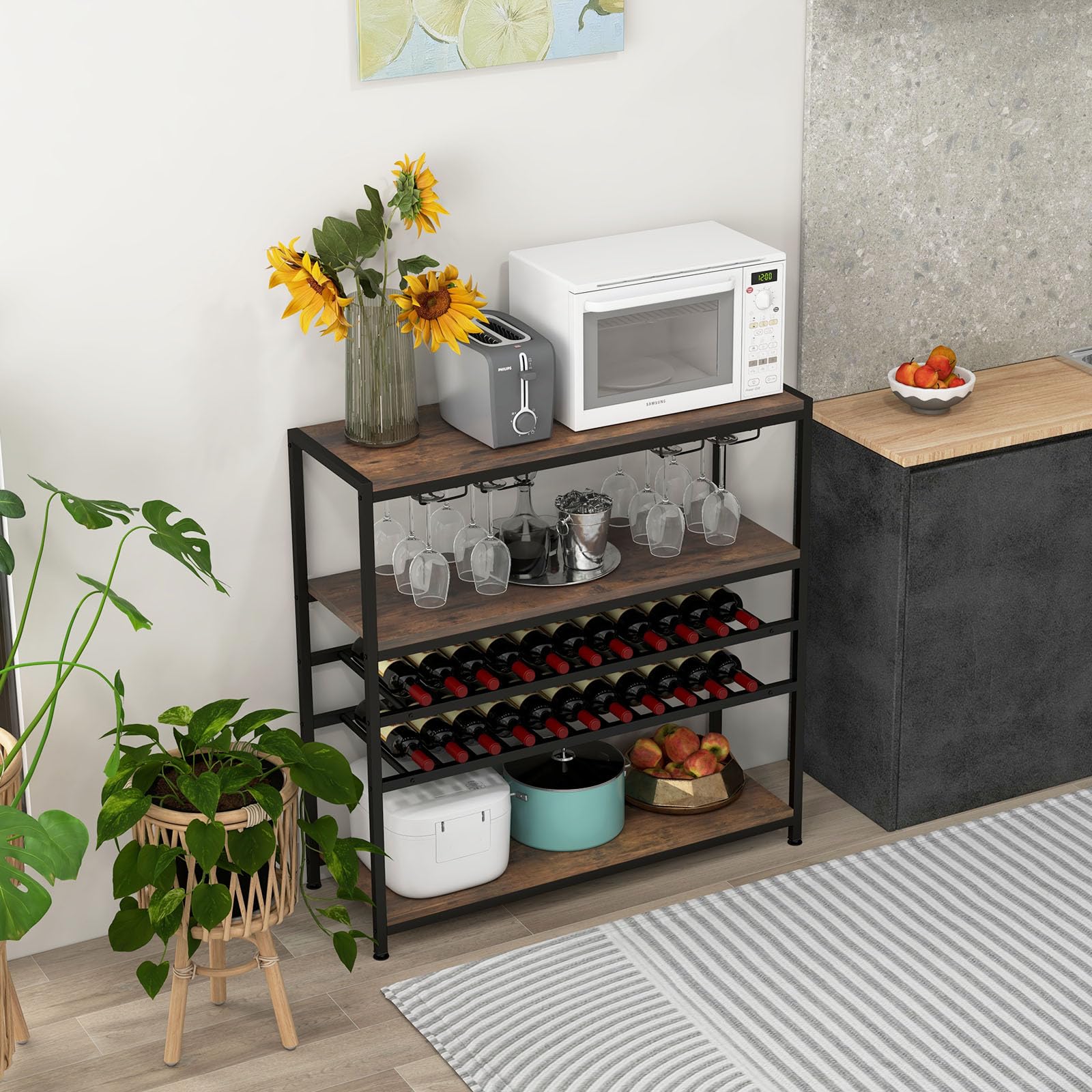 GIANTEX Mesa con Botellero de 5 Niveles, Mueble de Bar Independiente con 2 Botelleros & 4 Filas de Portavasos, Mueble de Vino de Suelo para Cocina, Comedor, Marrón