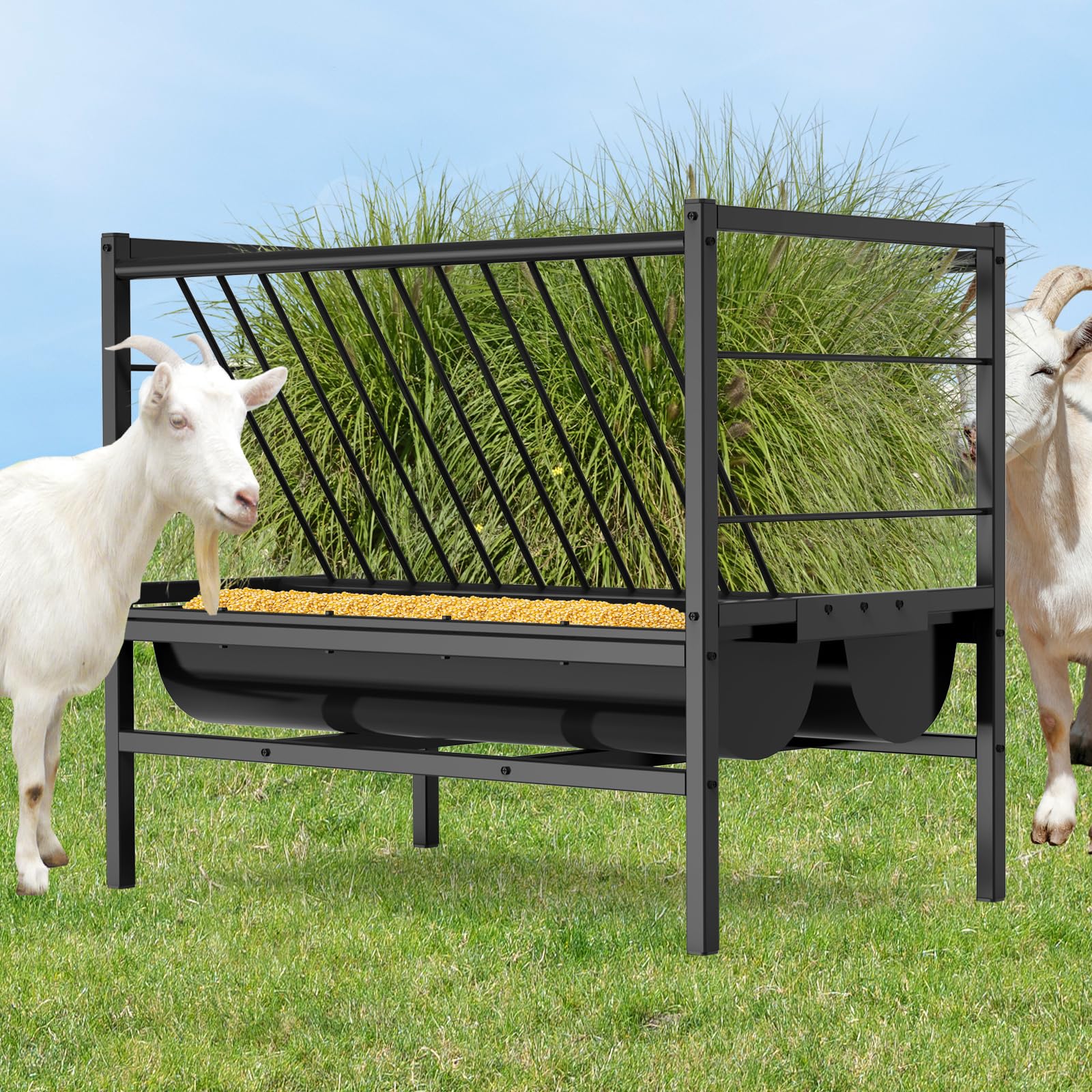 Gran Comedero de Heno para Caballos 2 en 1 Comedero de Heno y Granos/Sal Acero Galvanizado Porta Heno para Ovejas Dispensador de Pienso para Puestos y Corrales 107*65*90cm